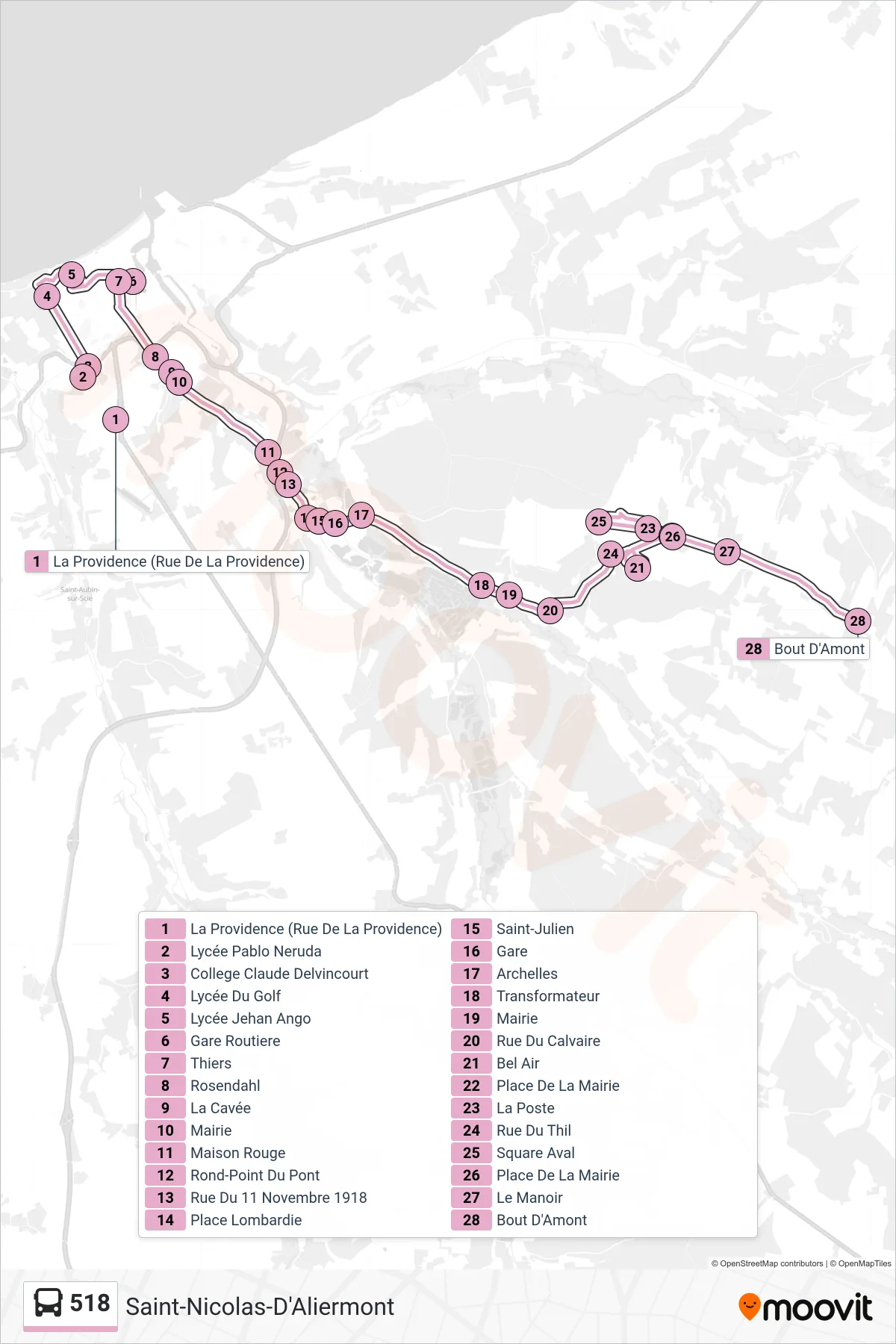 Recorrido y paradas de la línea 518 de autobús (Saint-Nicolas-D'Aliermont) en el mapa