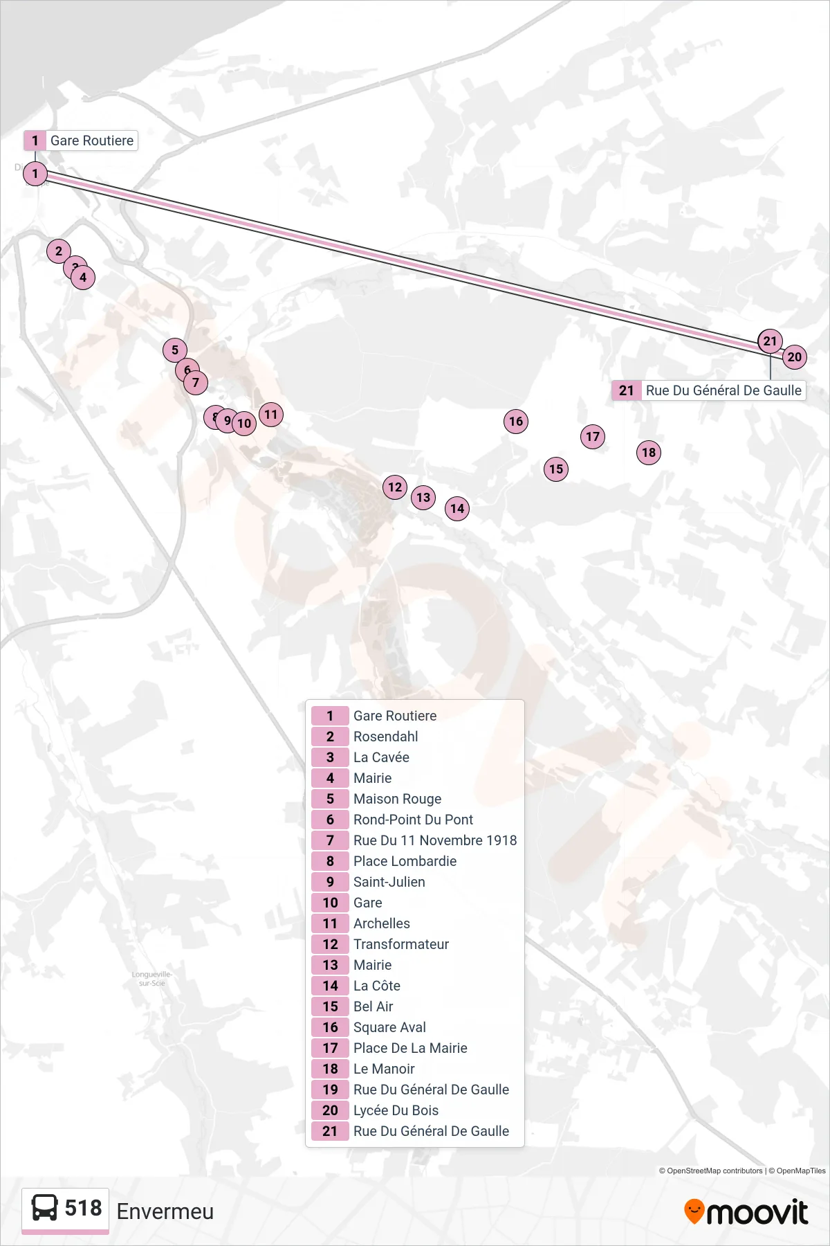 Tracé et arrêts de la ligne 518 de bus (Envermeu) sur une carte