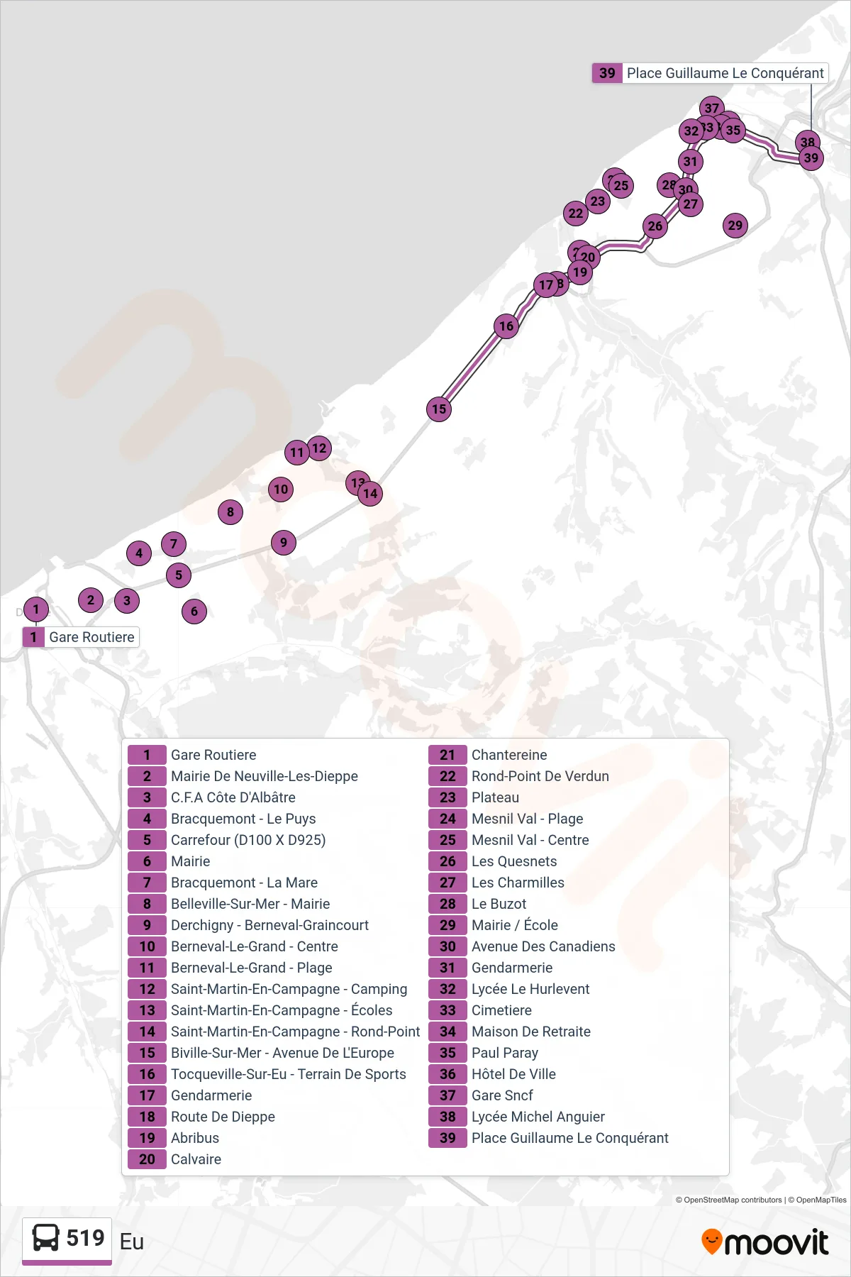 Tracé et arrêts de la ligne 519 de bus (Eu) sur une carte