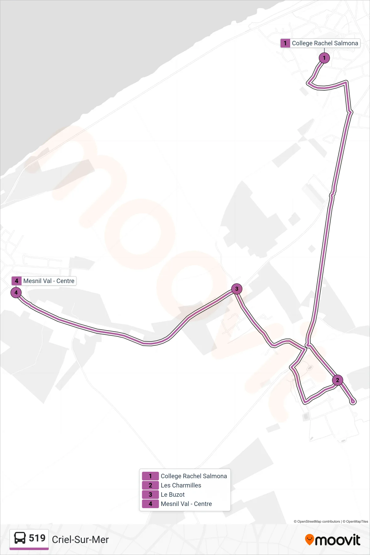 Tracé et arrêts de la ligne 519 de bus (Criel-Sur-Mer) sur une carte