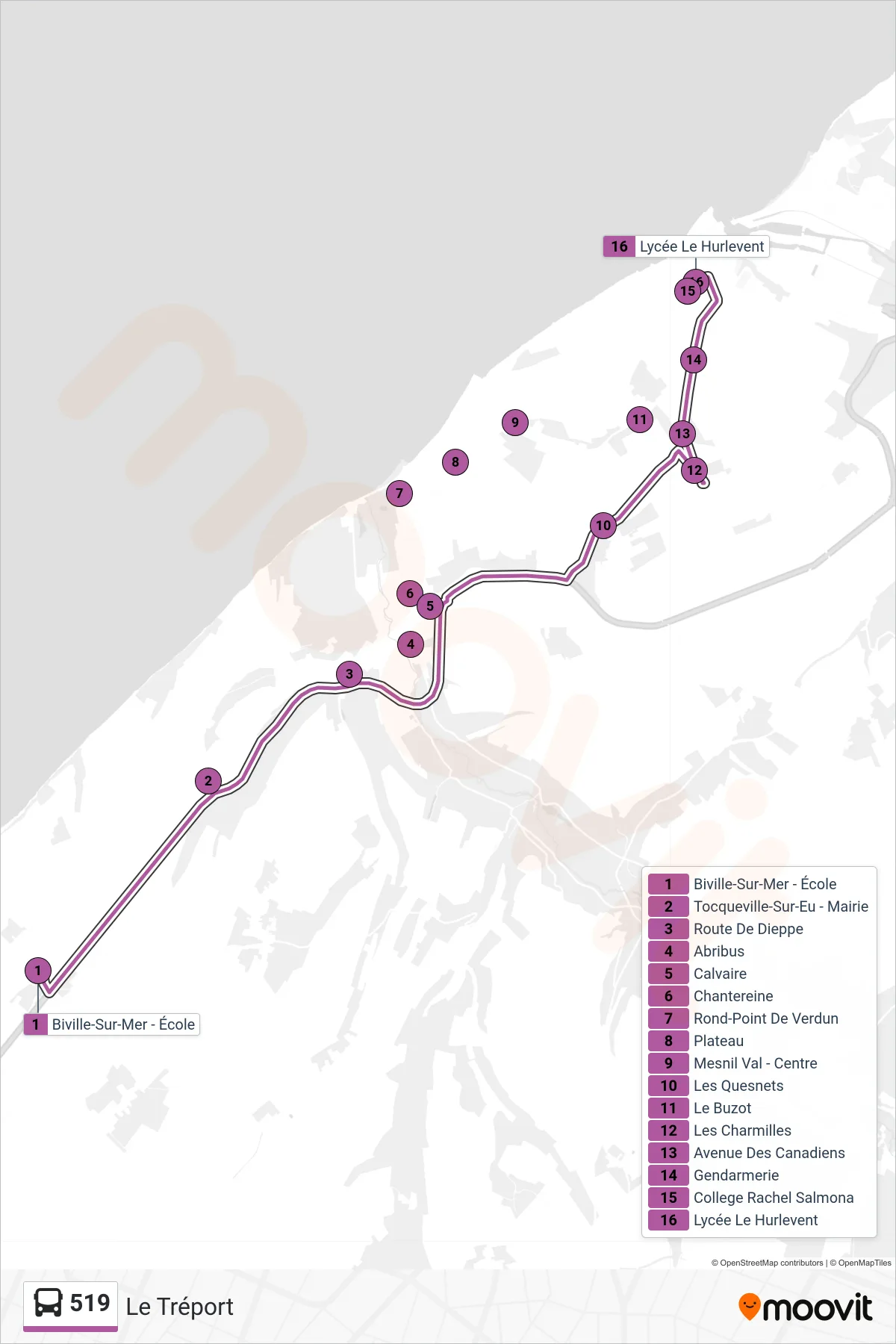 Tracé et arrêts de la ligne 519 de bus (Le Tréport) sur une carte