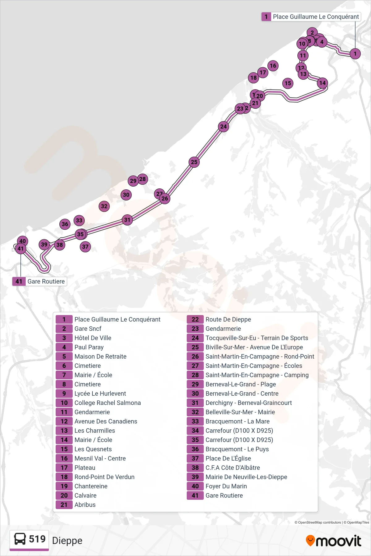 Tracé et arrêts de la ligne 519 de bus (Dieppe) sur une carte