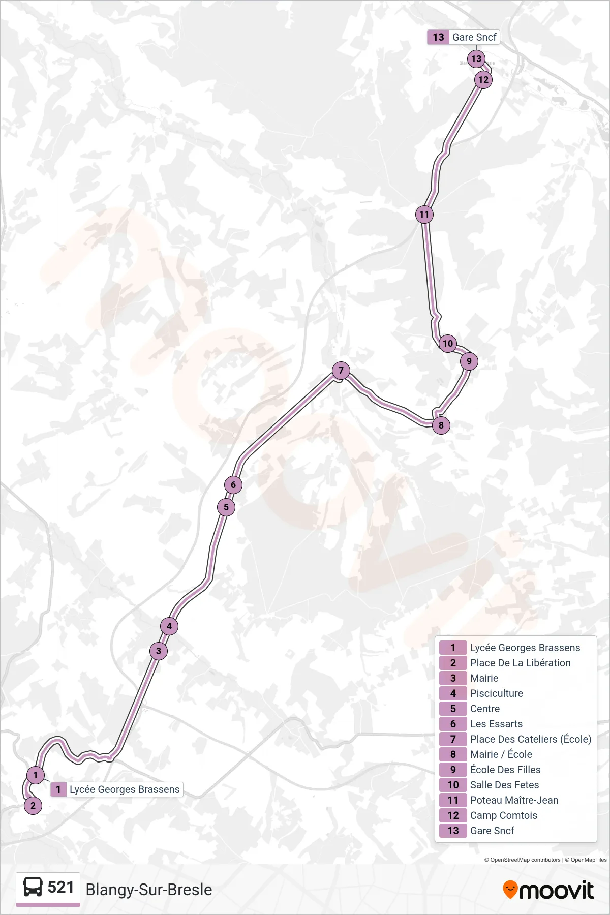 Tracé et arrêts de la ligne 521 de bus (Blangy-Sur-Bresle) sur une carte
