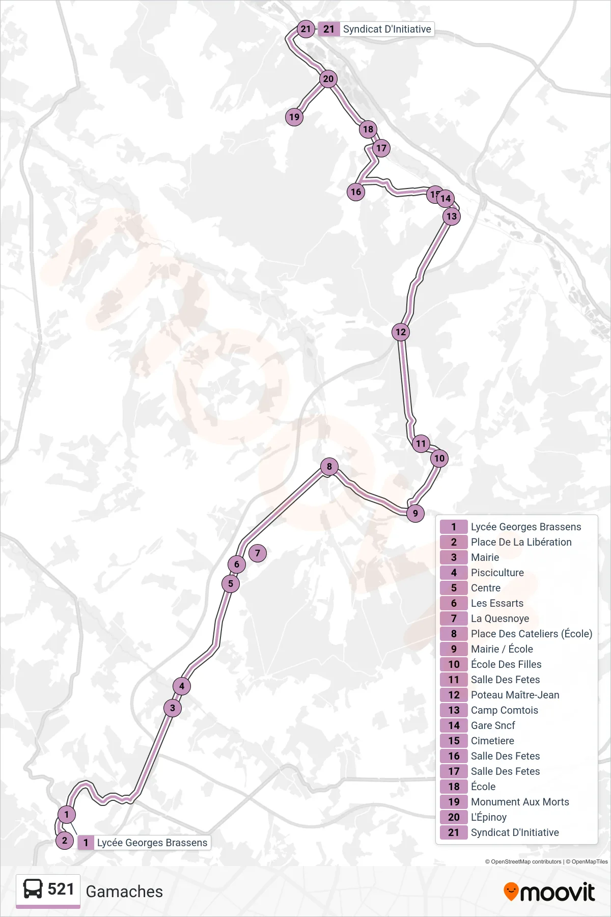 Tracé et arrêts de la ligne 521 de bus (Gamaches) sur une carte