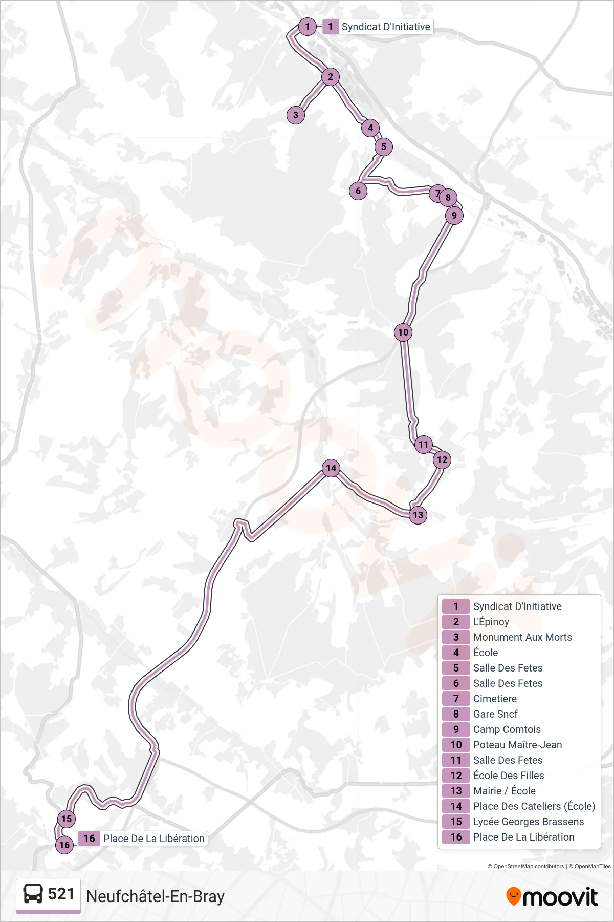 Tracé et arrêts de la ligne 521 de bus (Neufchâtel-En-Bray) sur une carte