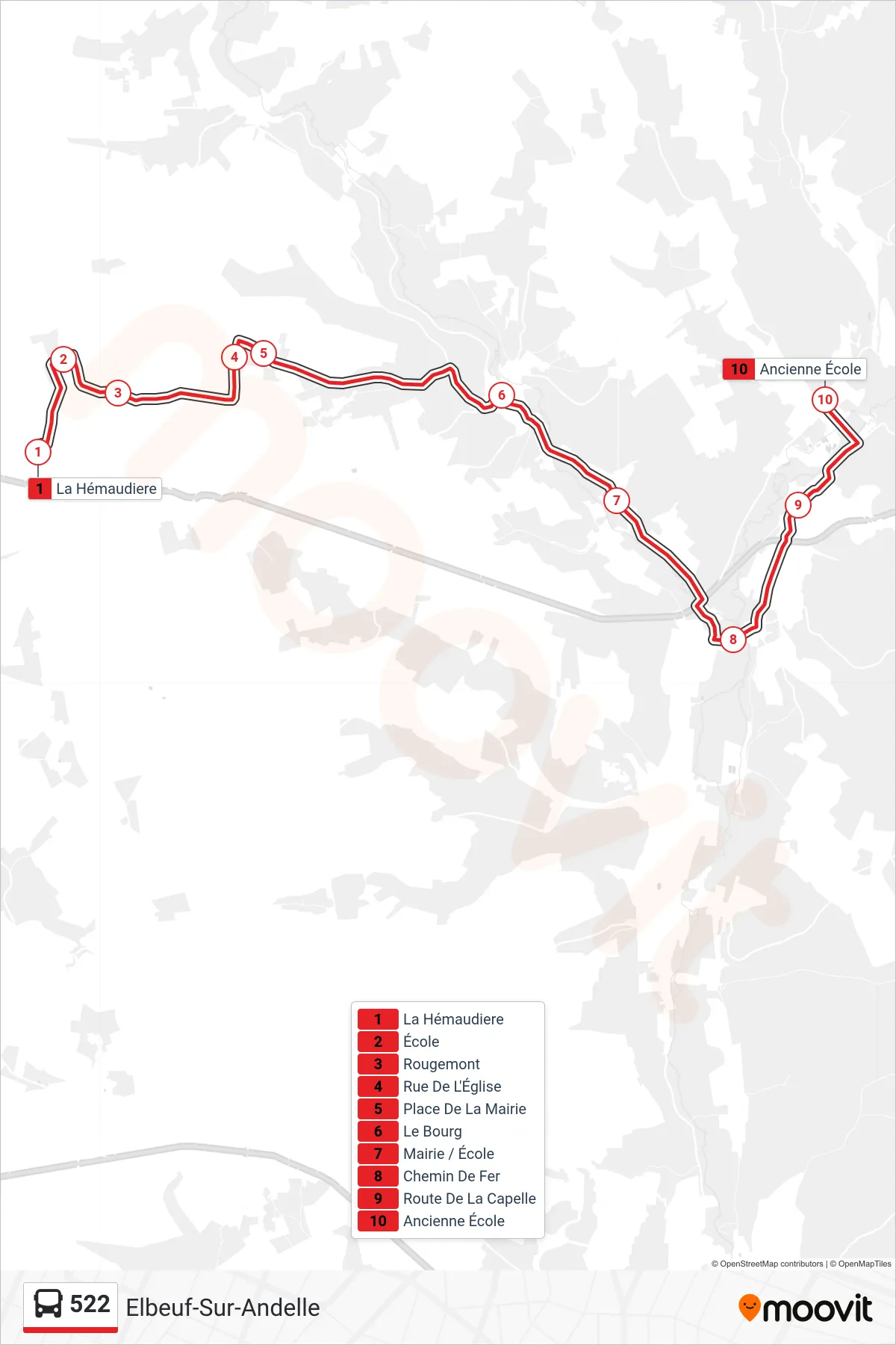Tracé et arrêts de la ligne 522 de bus (Elbeuf-Sur-Andelle) sur une carte