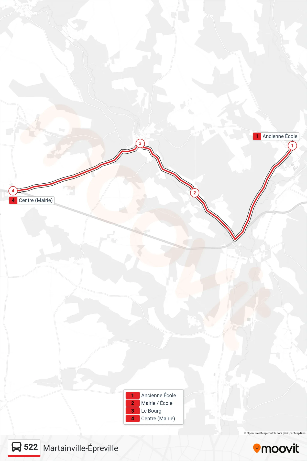 Tracé et arrêts de la ligne 522 de bus (Martainville-Épreville) sur une carte