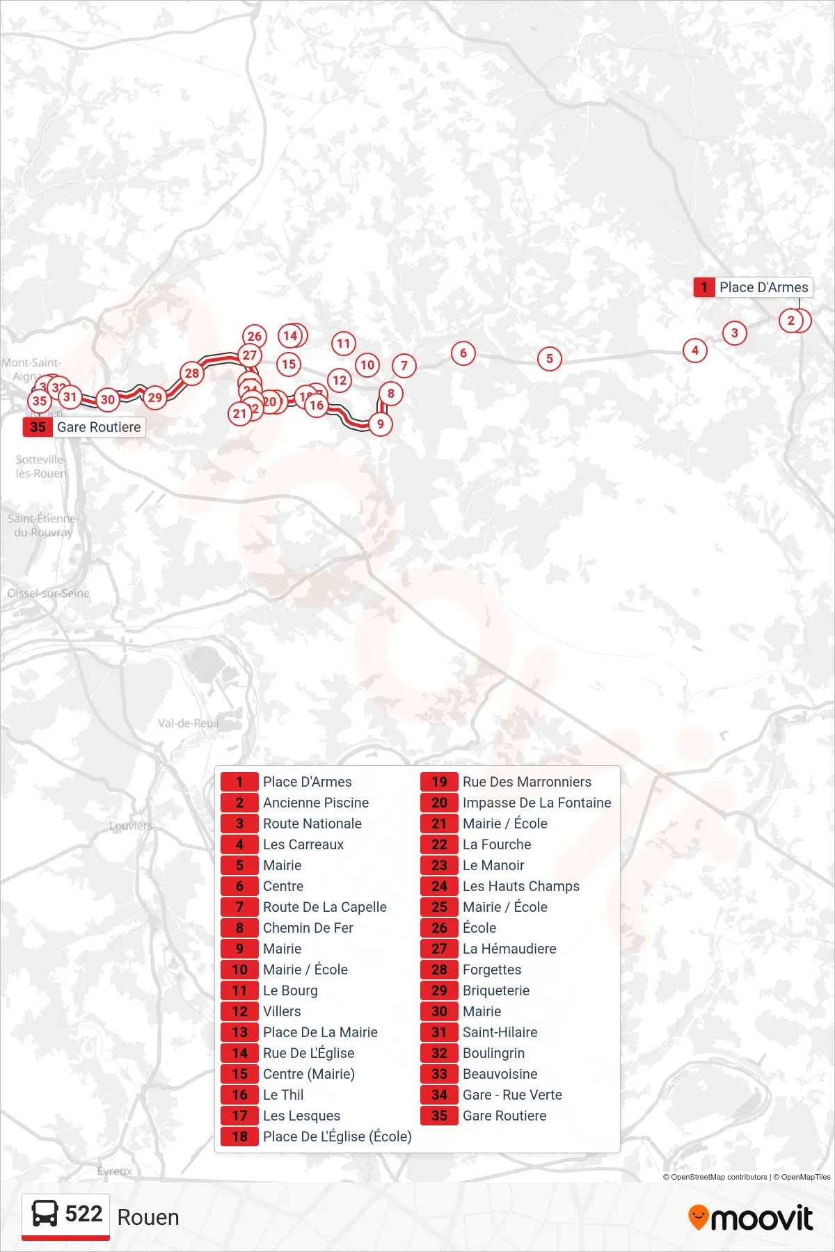 Tracé et arrêts de la ligne 522 de bus (Rouen) sur une carte