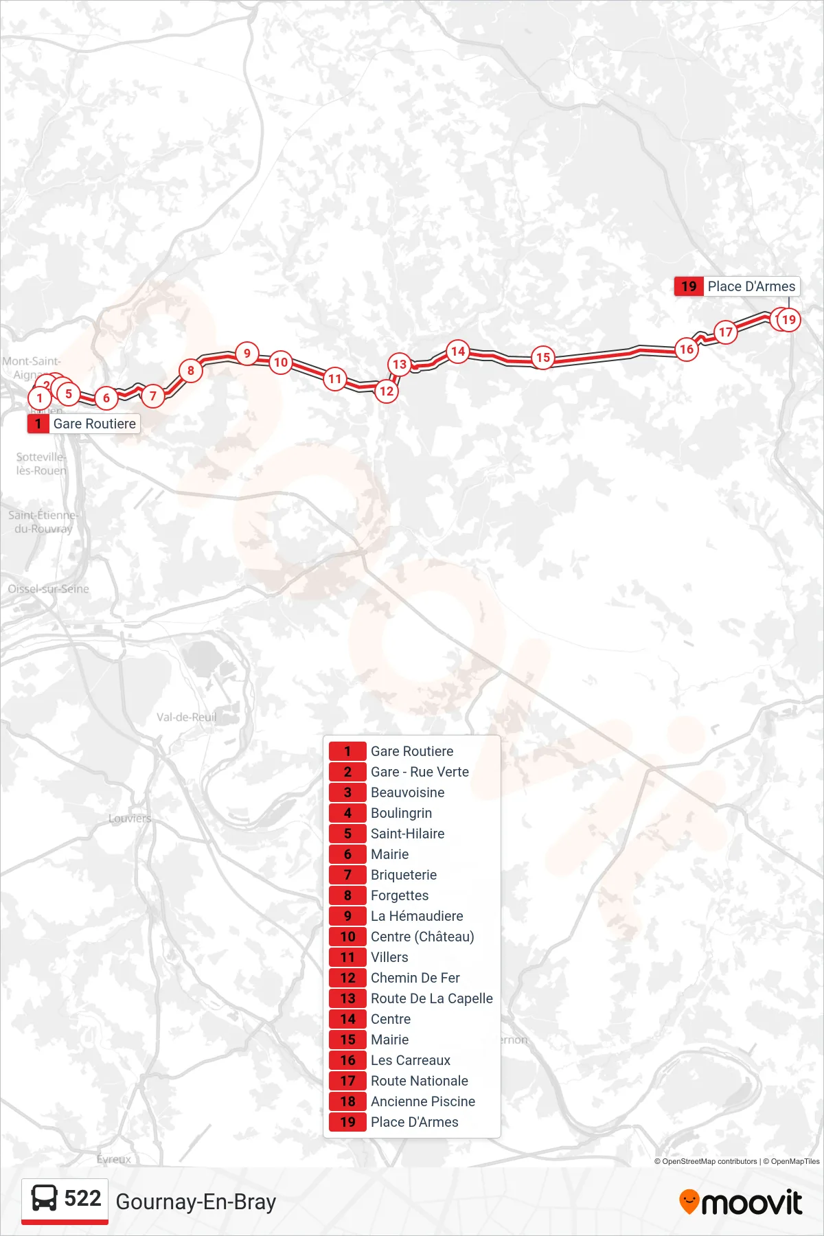 Tracé et arrêts de la ligne 522 de bus (Gournay-En-Bray) sur une carte