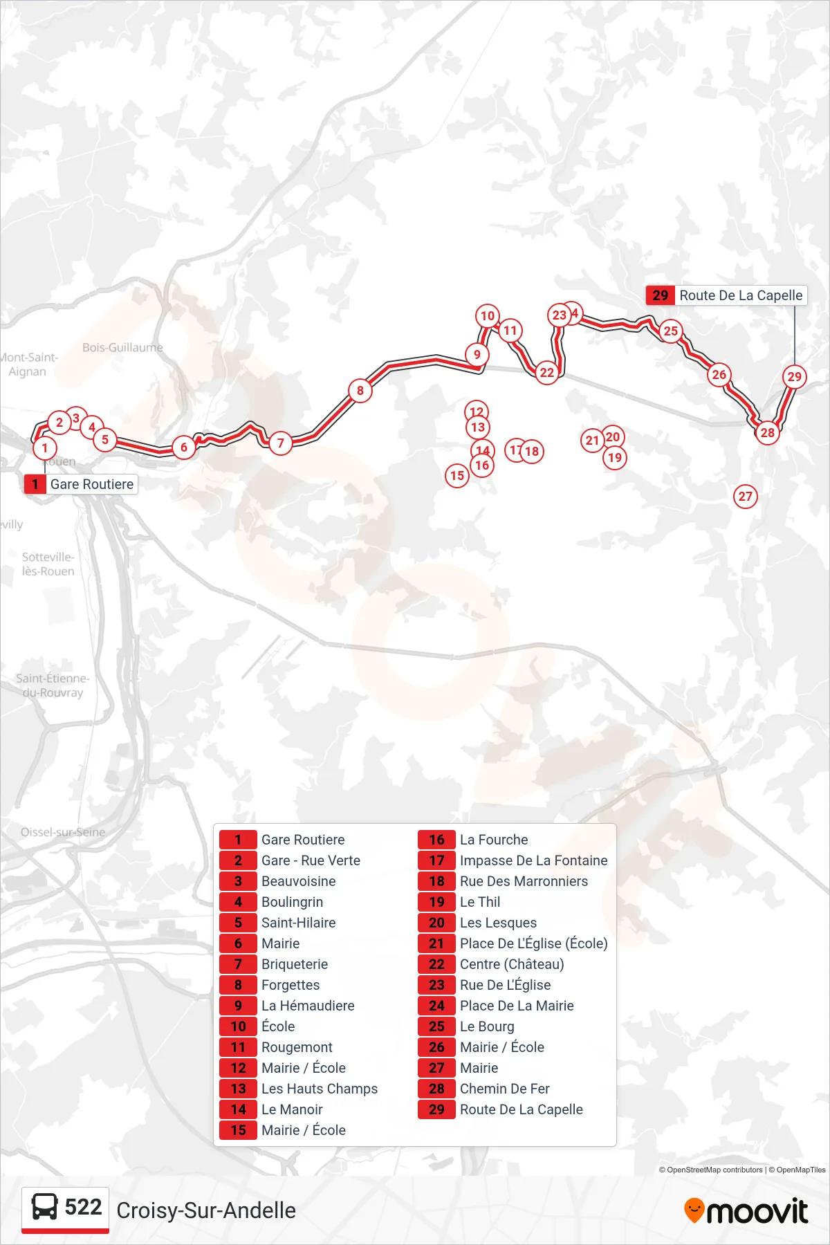 Tracé et arrêts de la ligne 522 de bus (Croisy-Sur-Andelle) sur une carte