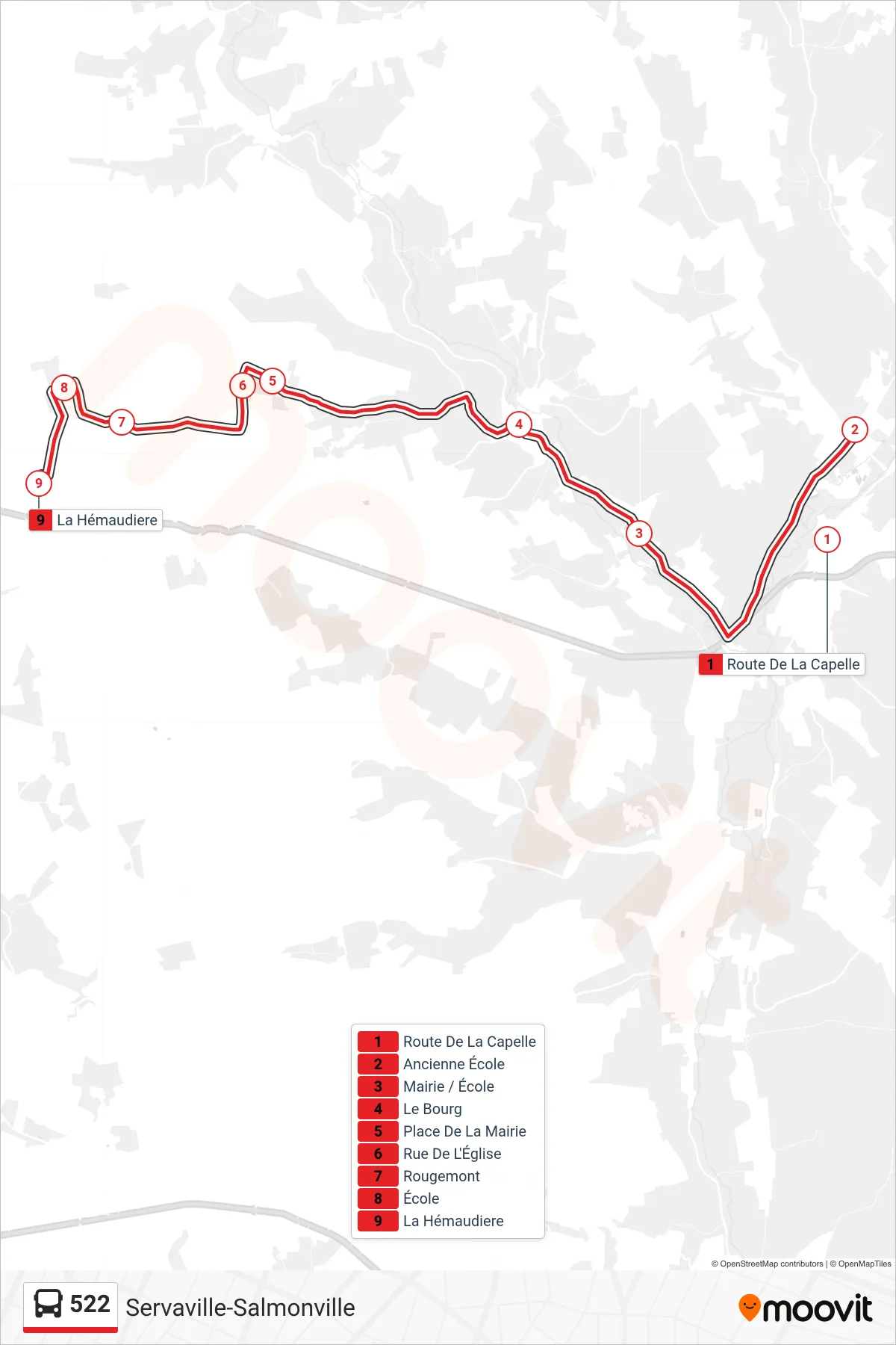 Tracé et arrêts de la ligne 522 de bus (Servaville-Salmonville) sur une carte