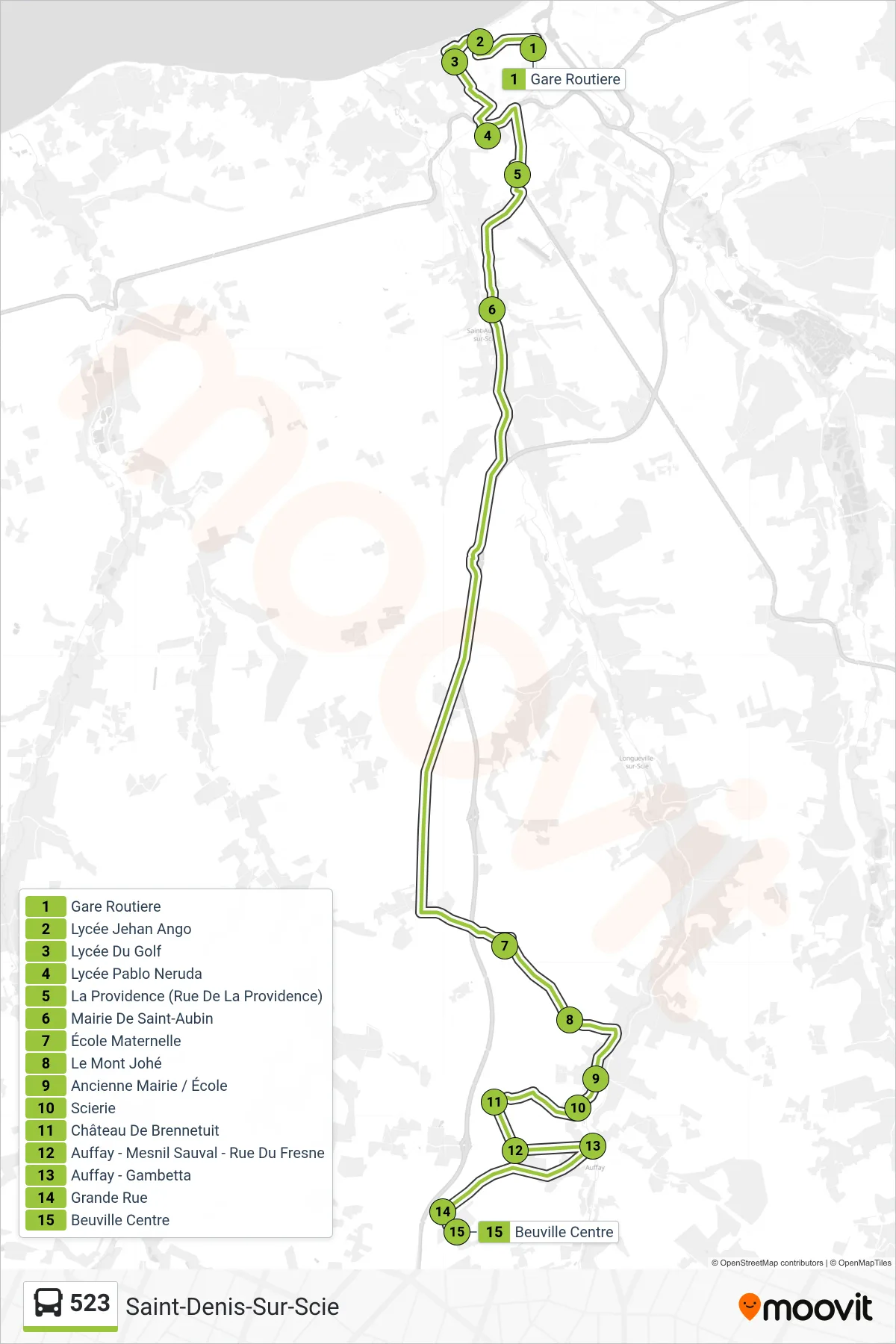 Recorrido y paradas de la línea 523 de autobús (Saint-Denis-Sur-Scie) en el mapa