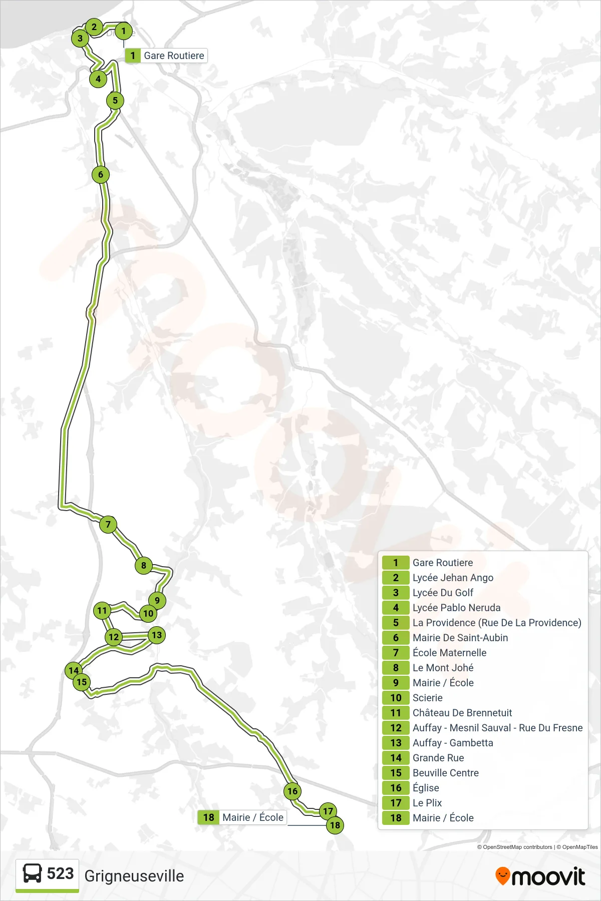 Recorrido y paradas de la línea 523 de autobús (Grigneuseville) en el mapa