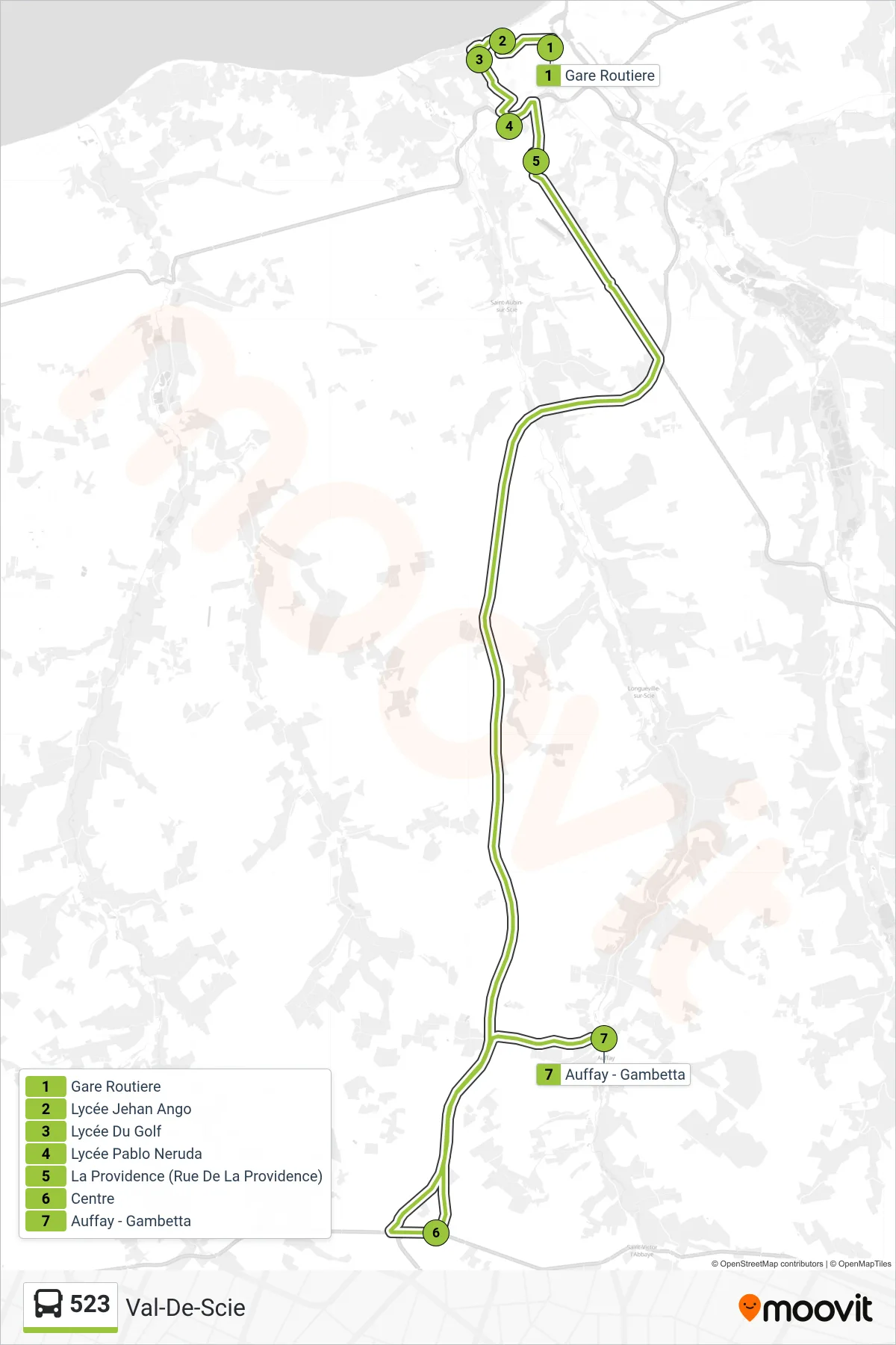 Recorrido y paradas de la línea 523 de autobús (Val-De-Scie) en el mapa
