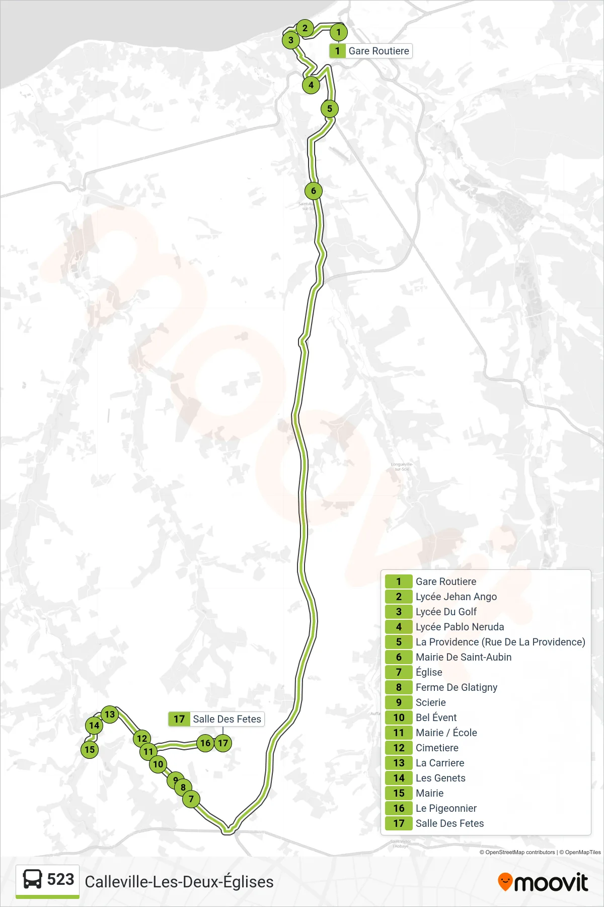 Recorrido y paradas de la línea 523 de autobús (Calleville-Les-Deux-Églises) en el mapa
