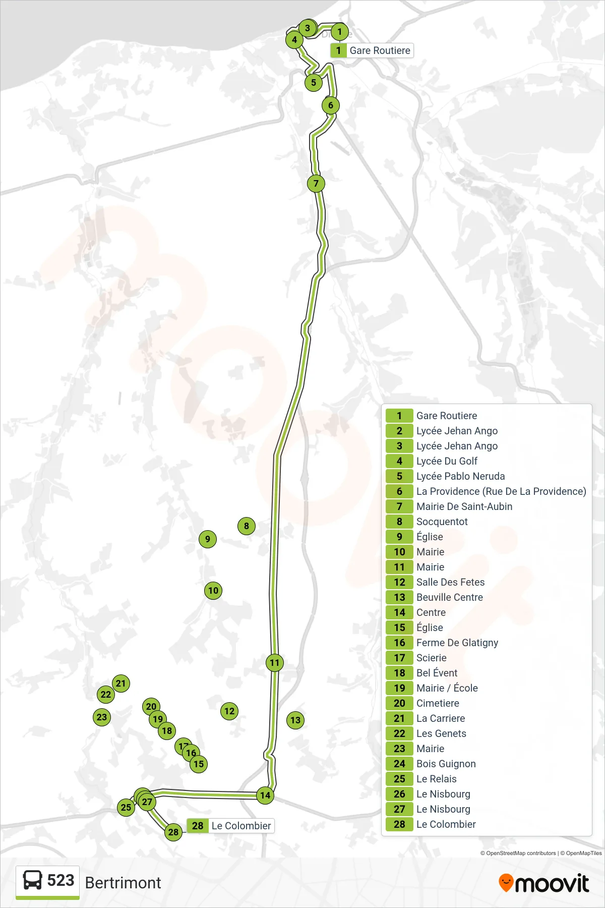 Tracé et arrêts de la ligne 523 de bus (Bertrimont) sur une carte