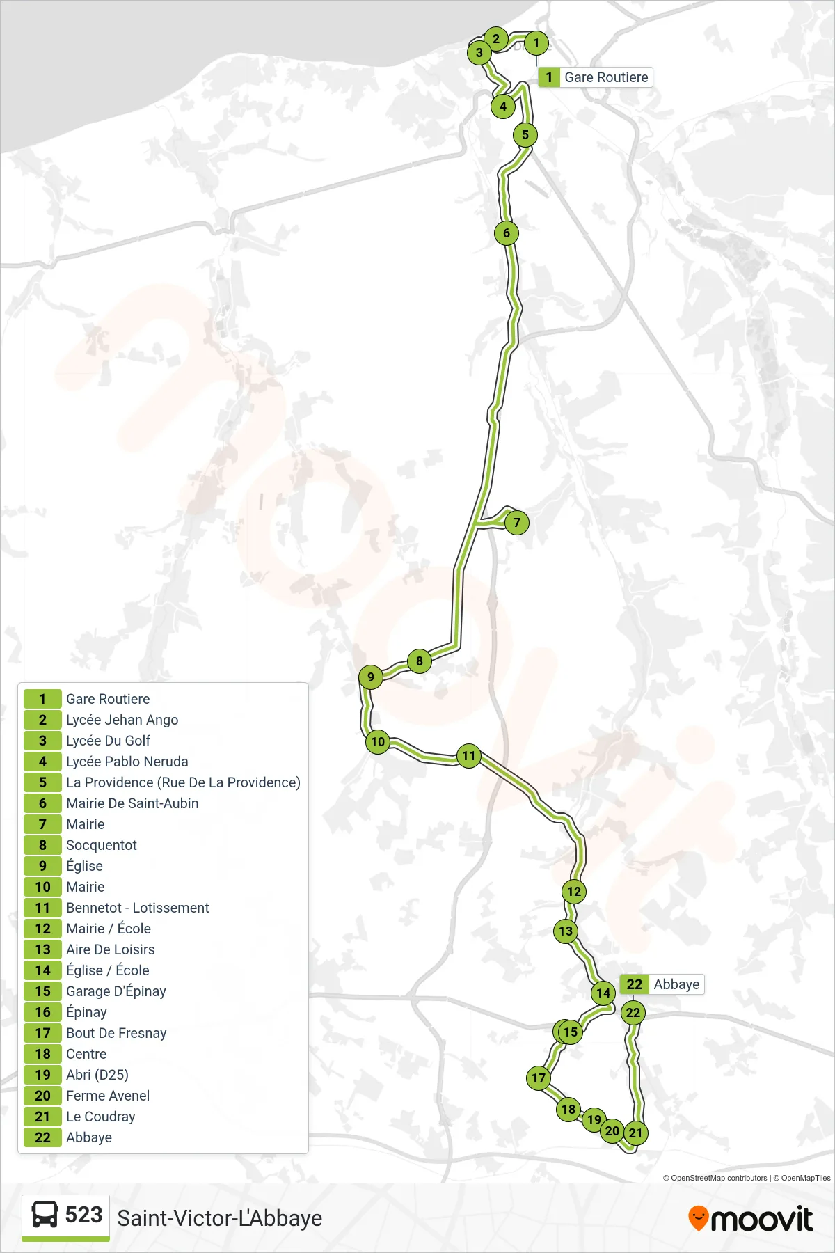 Tracé et arrêts de la ligne 523 de bus (Saint-Victor-L'Abbaye) sur une carte