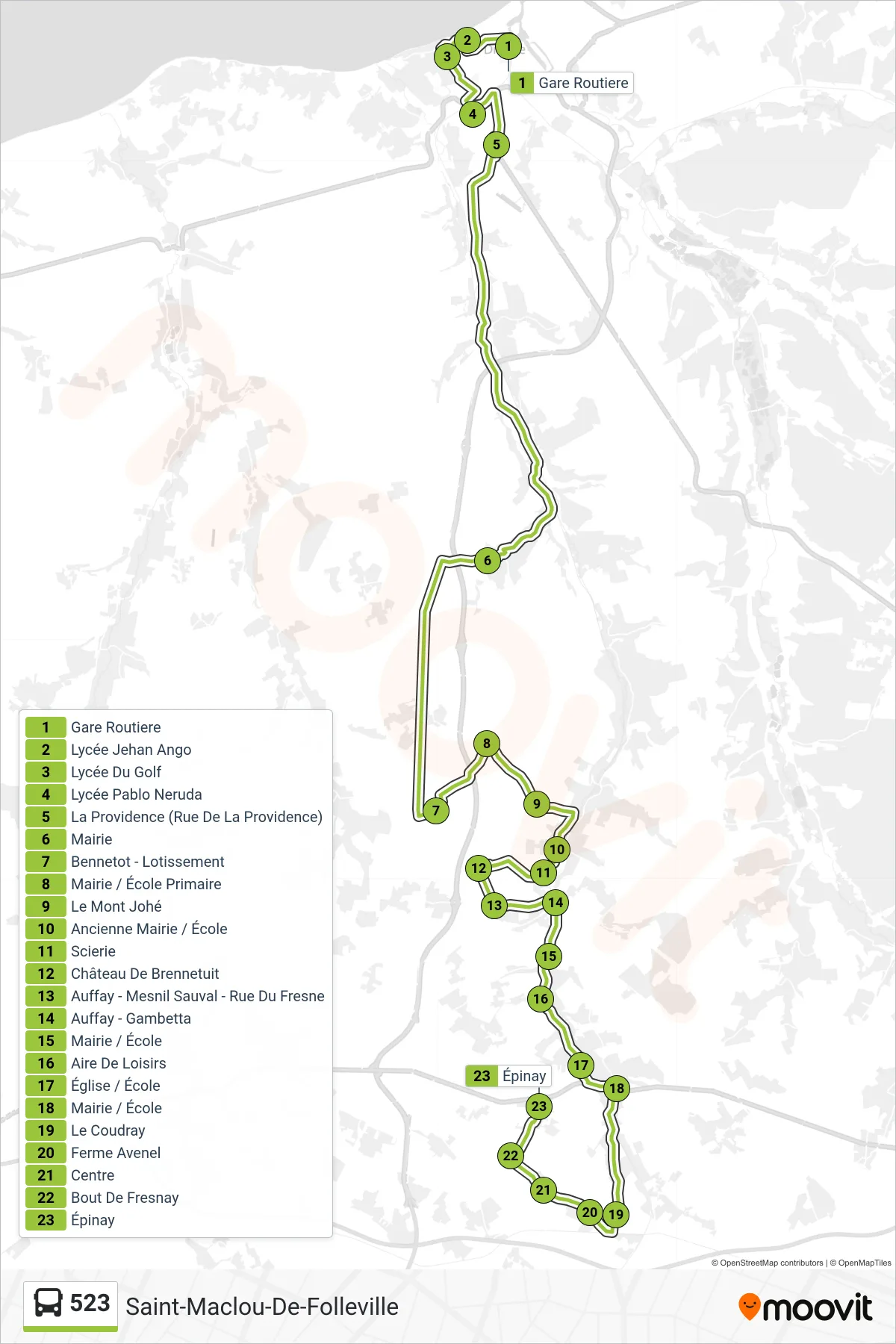 Tracé et arrêts de la ligne 523 de bus (Saint-Maclou-De-Folleville) sur une carte