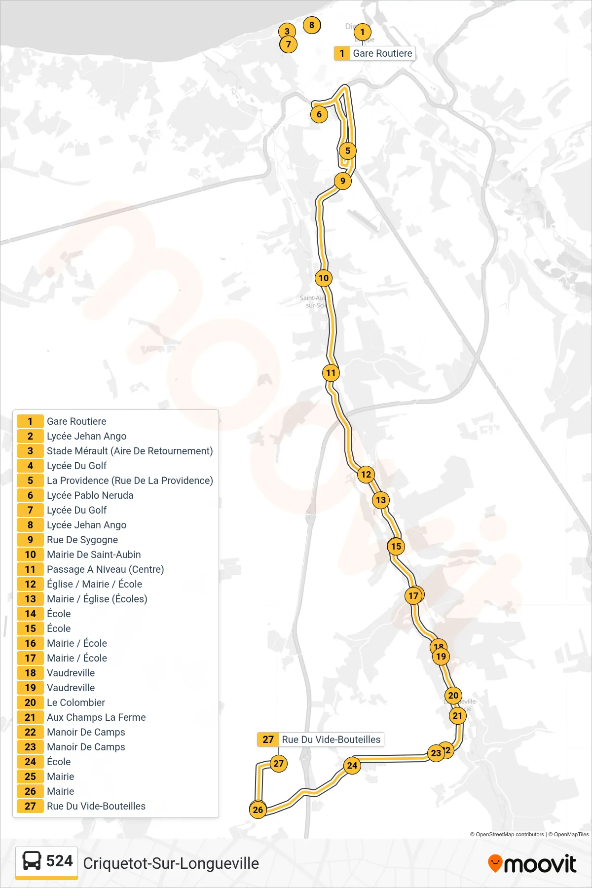 Tracé et arrêts de la ligne 524 de bus (Criquetot-Sur-Longueville) sur une carte