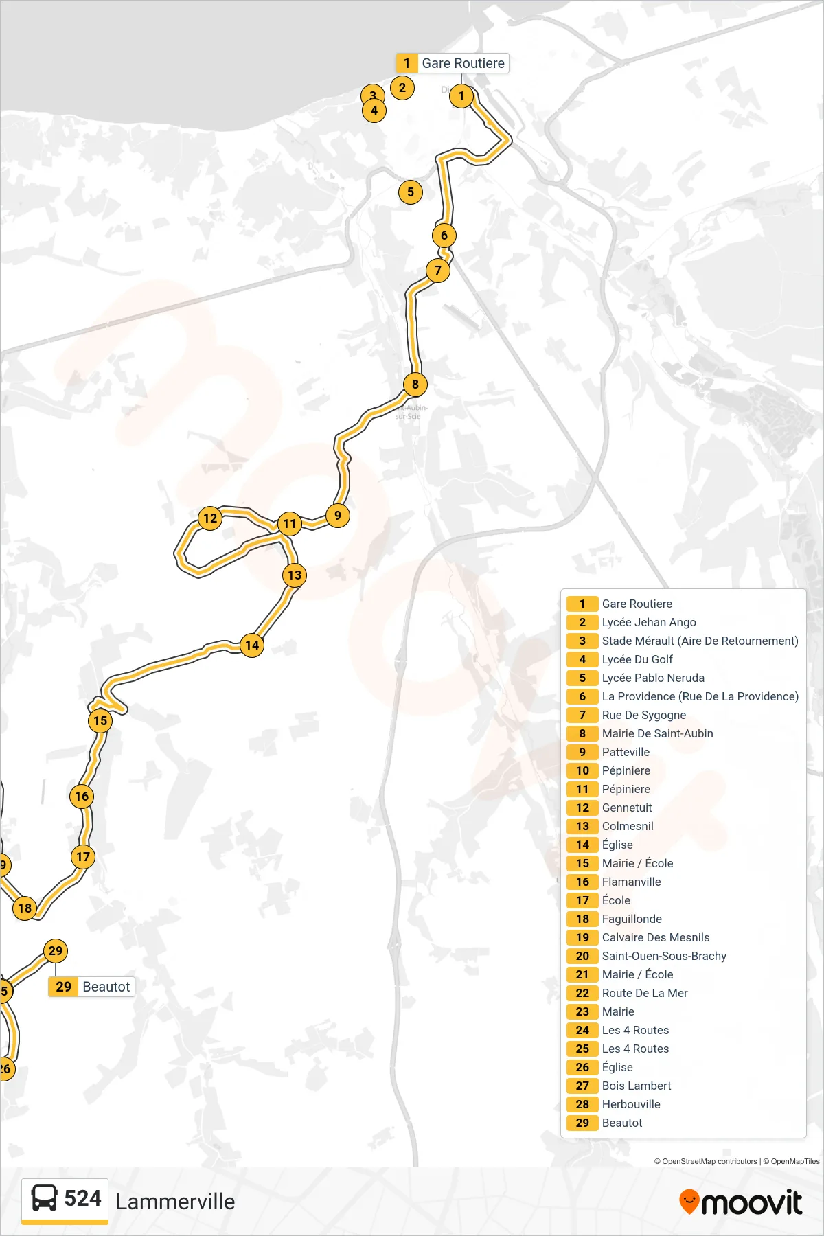 Tracé et arrêts de la ligne 524 de bus (Lammerville) sur une carte