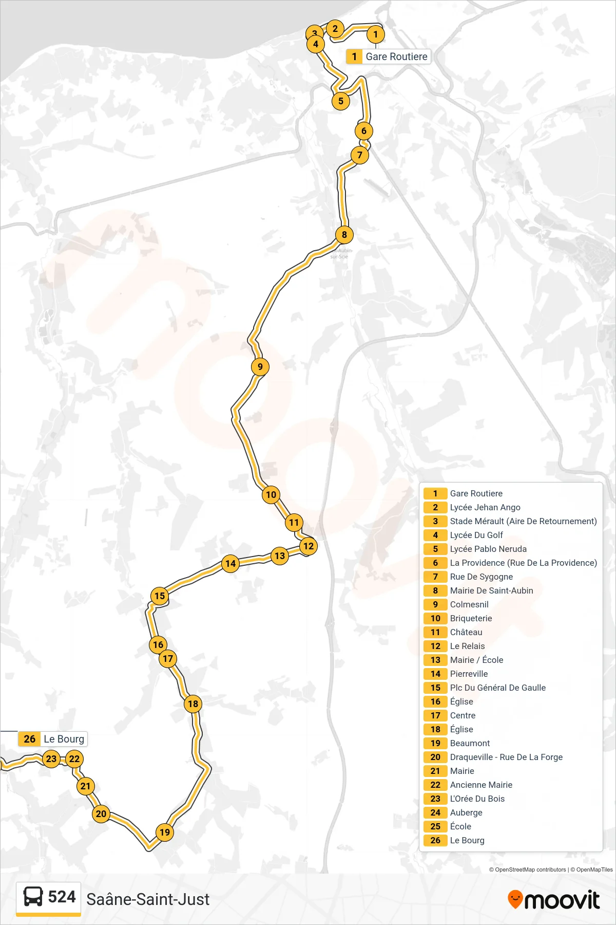 Recorrido y paradas de la línea 524 de autobús (Saâne-Saint-Just) en el mapa