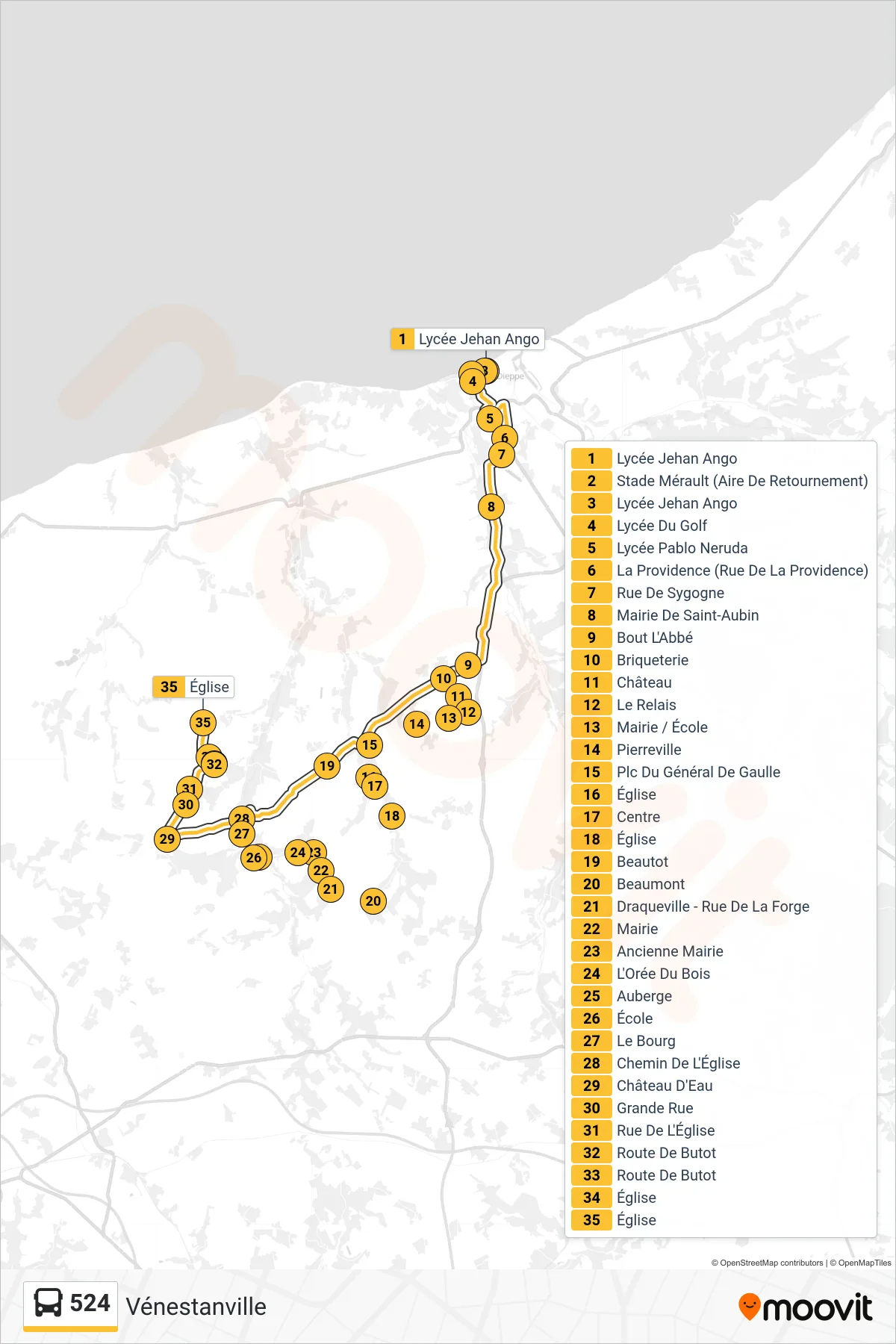 Tracé et arrêts de la ligne 524 de bus (Vénestanville) sur une carte