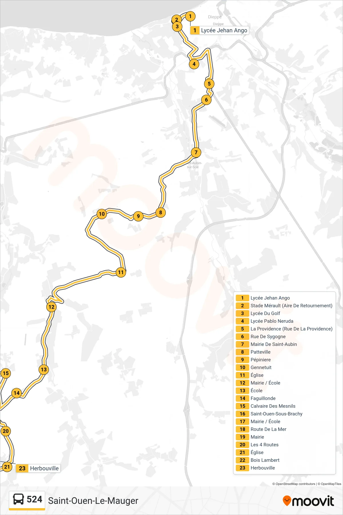 Tracé et arrêts de la ligne 524 de bus (Saint-Ouen-Le-Mauger) sur une carte