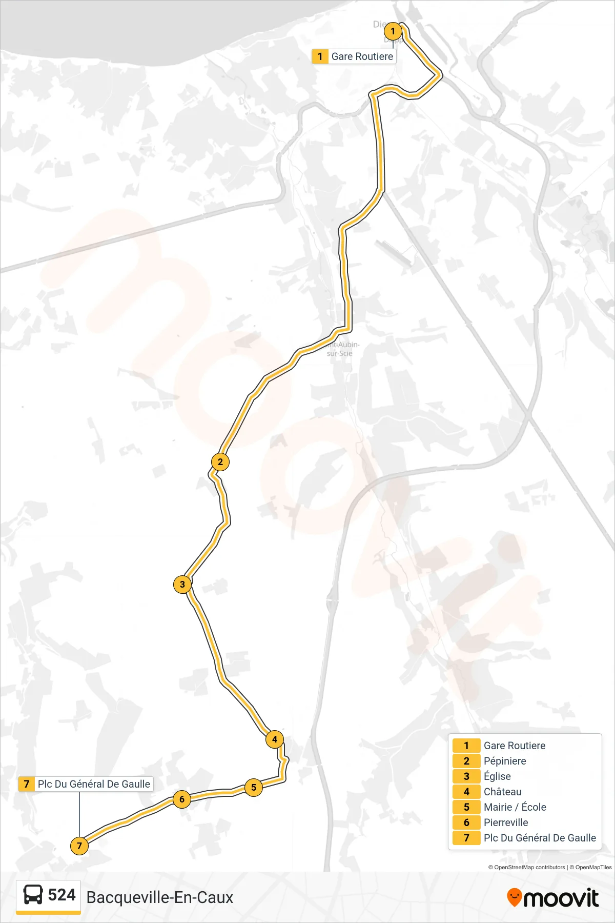 Tracé et arrêts de la ligne 524 de bus (Bacqueville-En-Caux) sur une carte