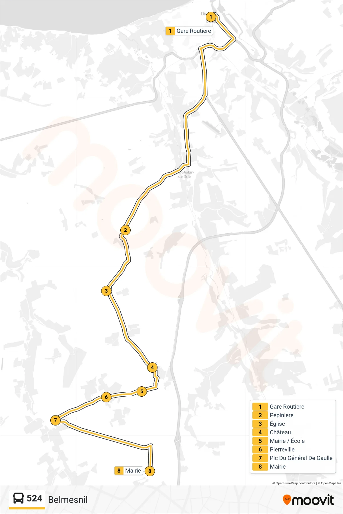Tracé et arrêts de la ligne 524 de bus (Belmesnil) sur une carte