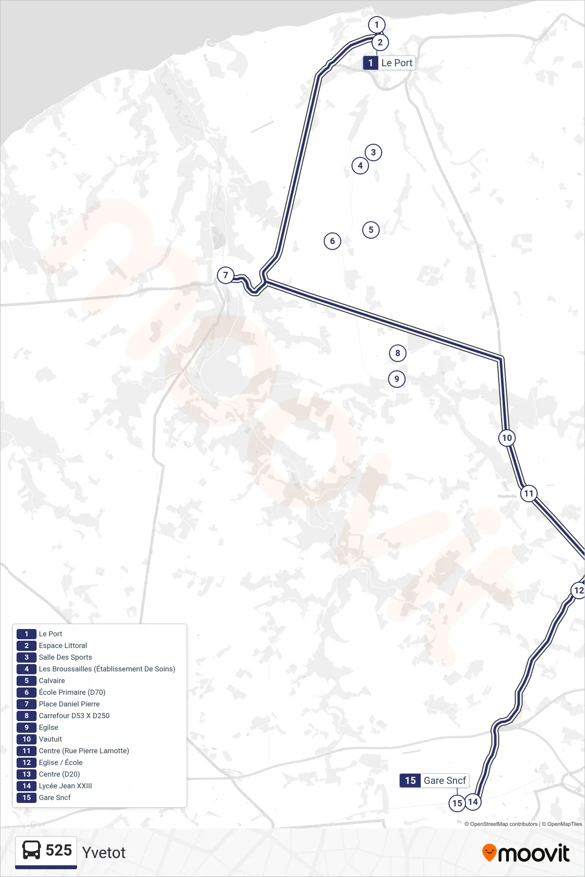 Tracé et arrêts de la ligne 525 de bus (Yvetot) sur une carte