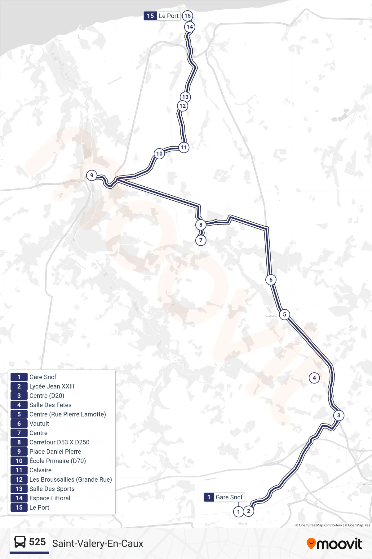 Tracé et arrêts de la ligne 525 de bus (Saint-Valery-En-Caux) sur une carte