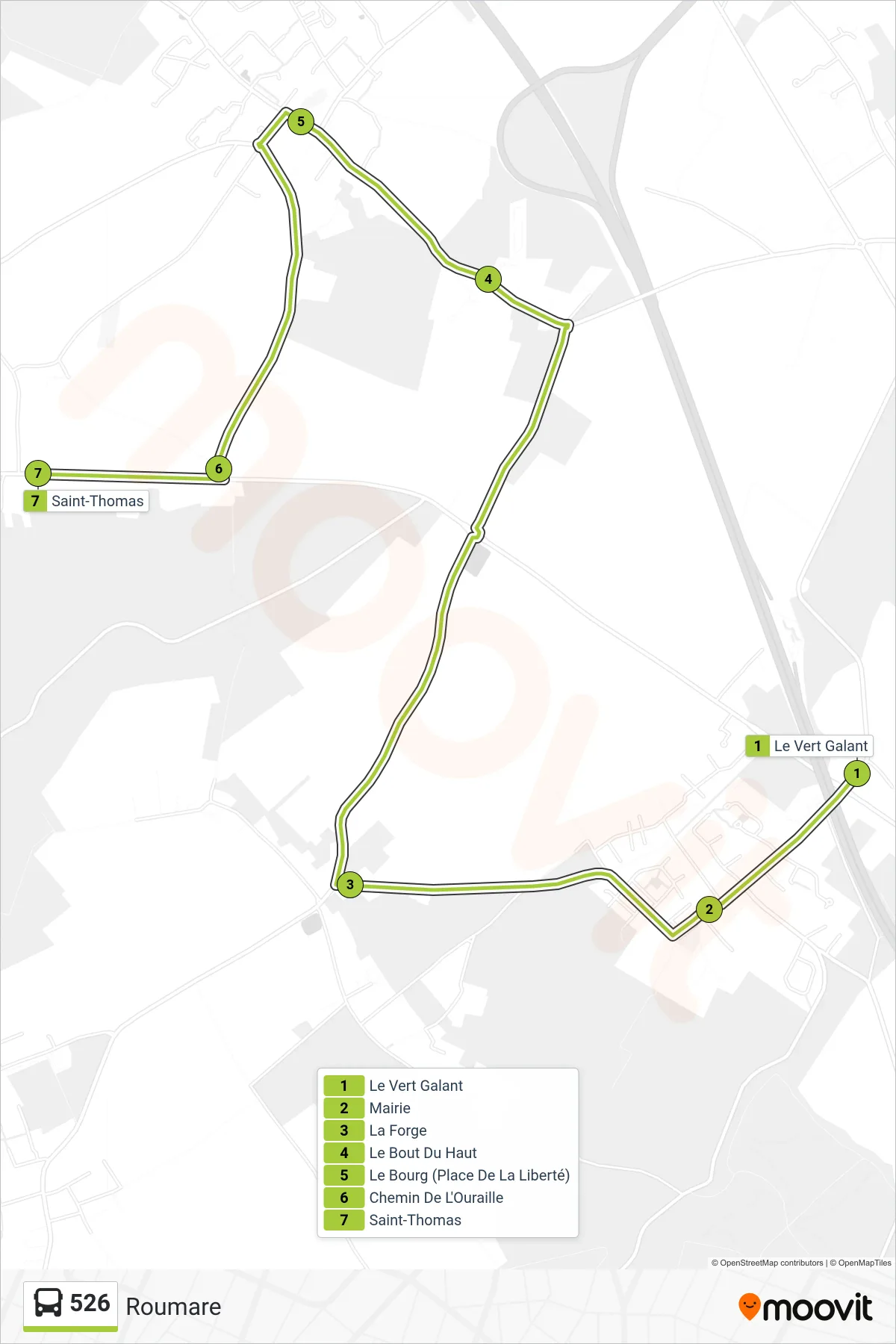 Tracé et arrêts de la ligne 526 de bus (Roumare) sur une carte