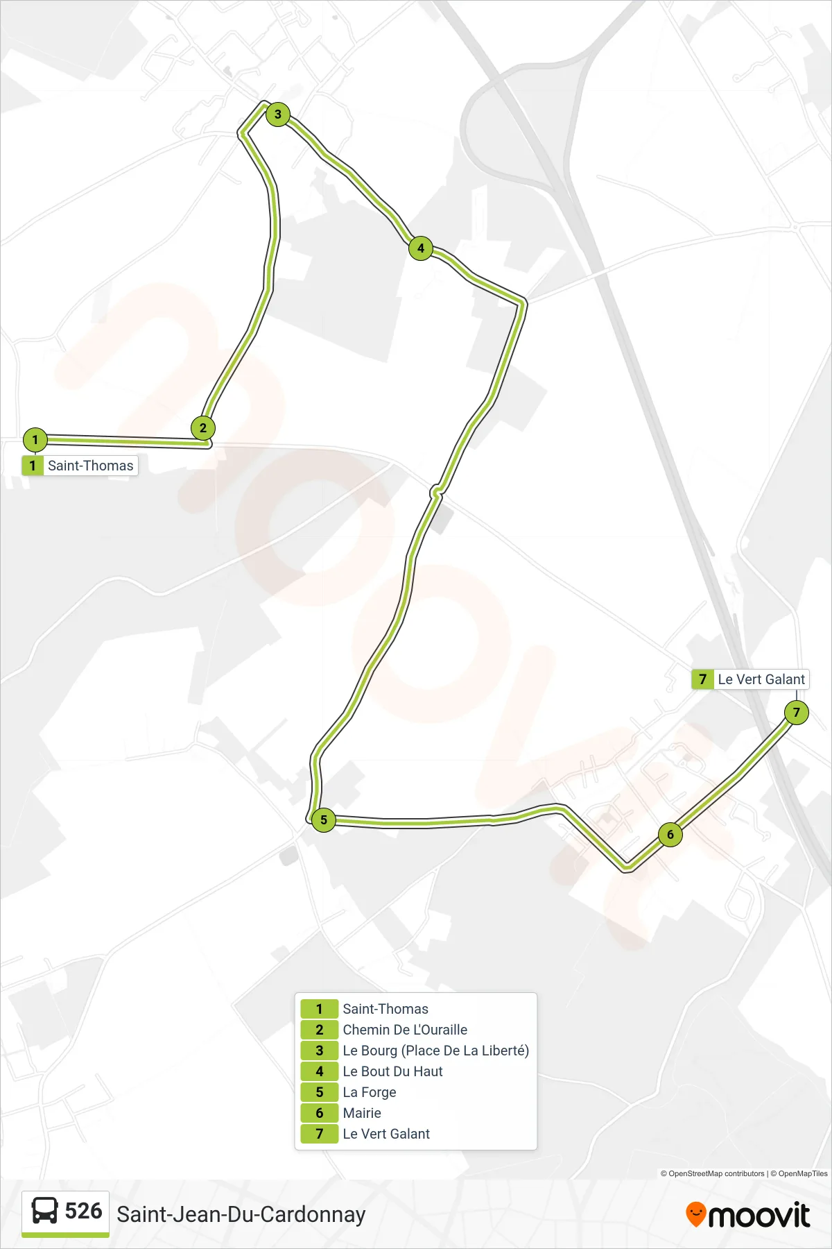 Tracé et arrêts de la ligne 526 de bus (Saint-Jean-Du-Cardonnay) sur une carte