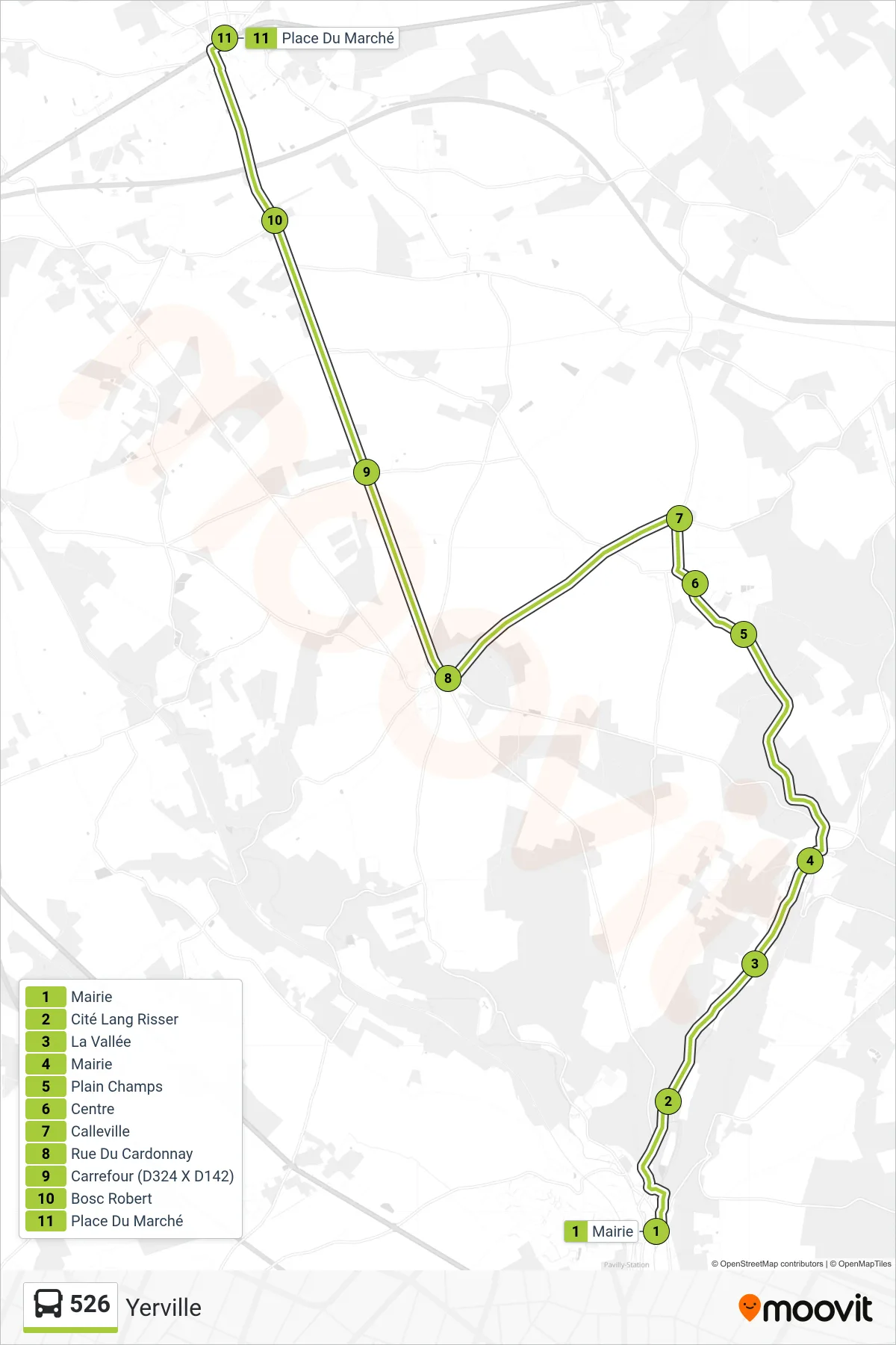 Recorrido y paradas de la línea 526 de autobús (Yerville) en el mapa