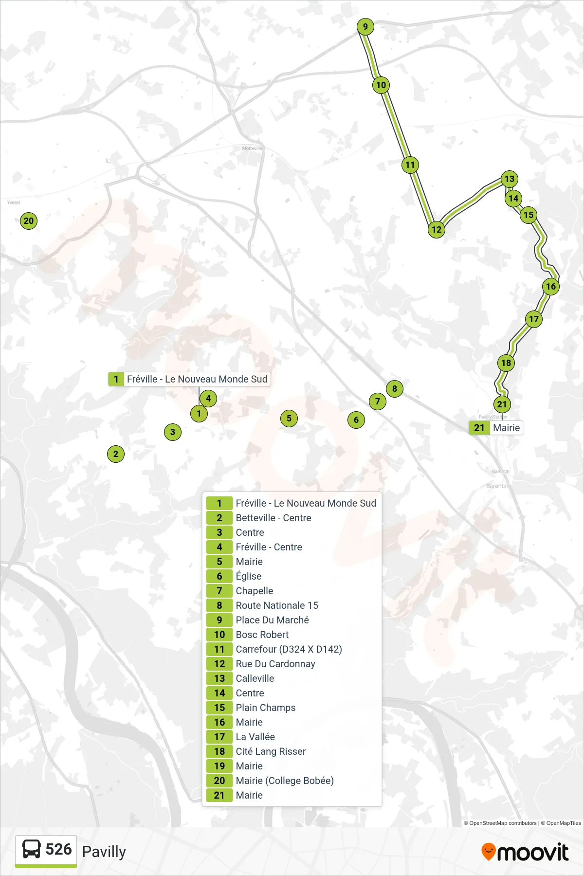 Tracé et arrêts de la ligne 526 de bus (Pavilly) sur une carte
