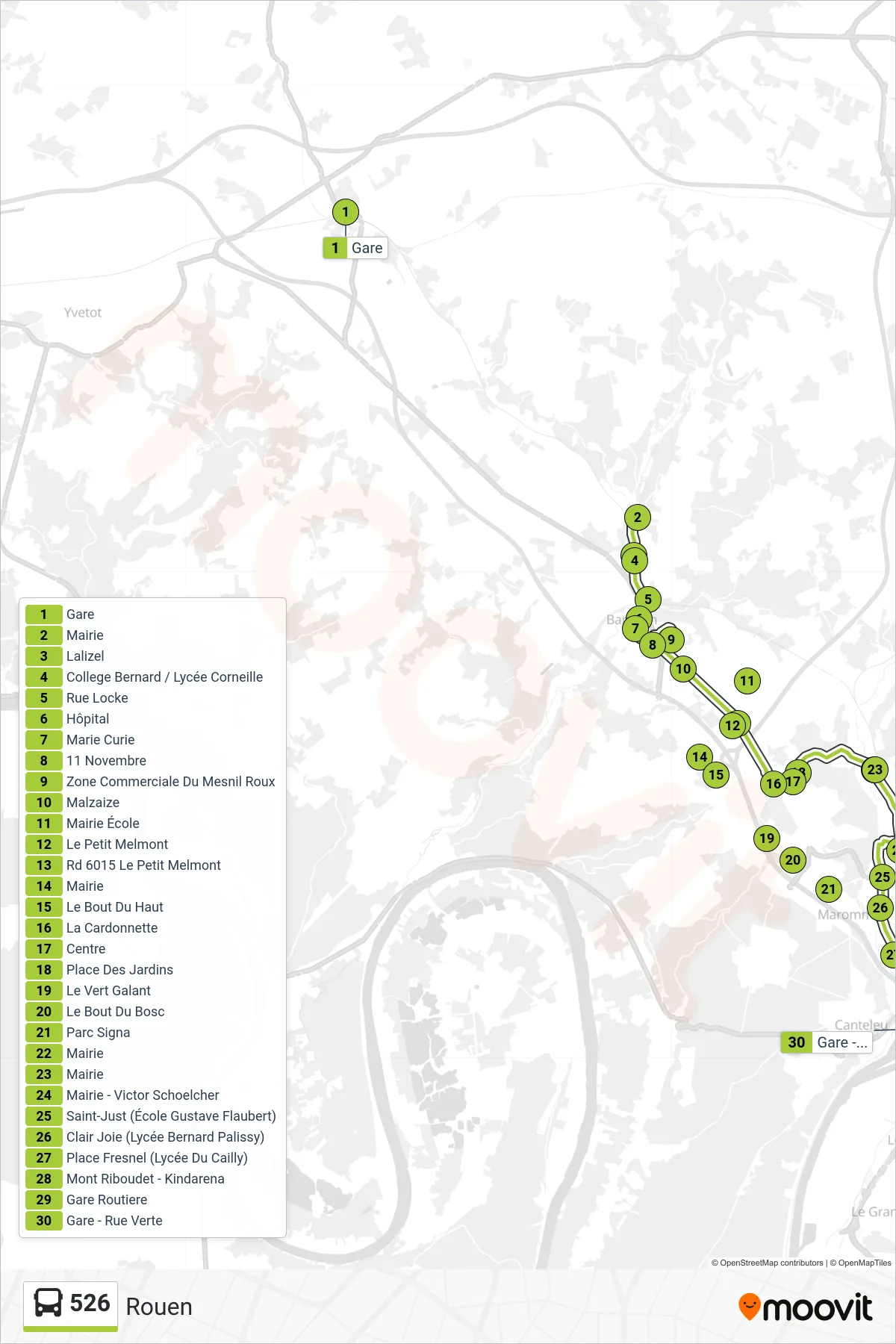 Tracé et arrêts de la ligne 526 de bus (Rouen) sur une carte