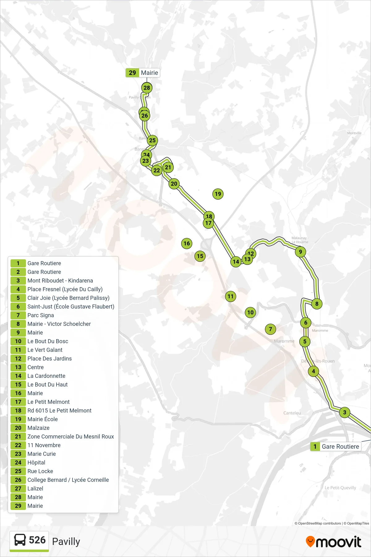 Tracé et arrêts de la ligne 526 de bus (Pavilly) sur une carte
