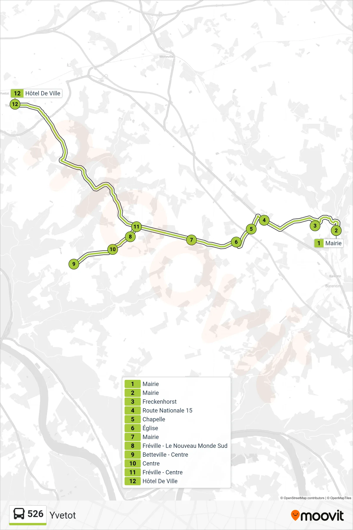 Tracé et arrêts de la ligne 526 de bus (Yvetot) sur une carte