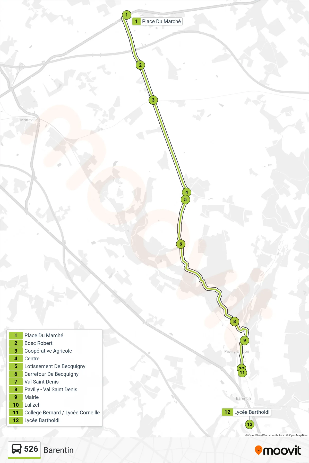 Tracé et arrêts de la ligne 526 de bus (Barentin) sur une carte