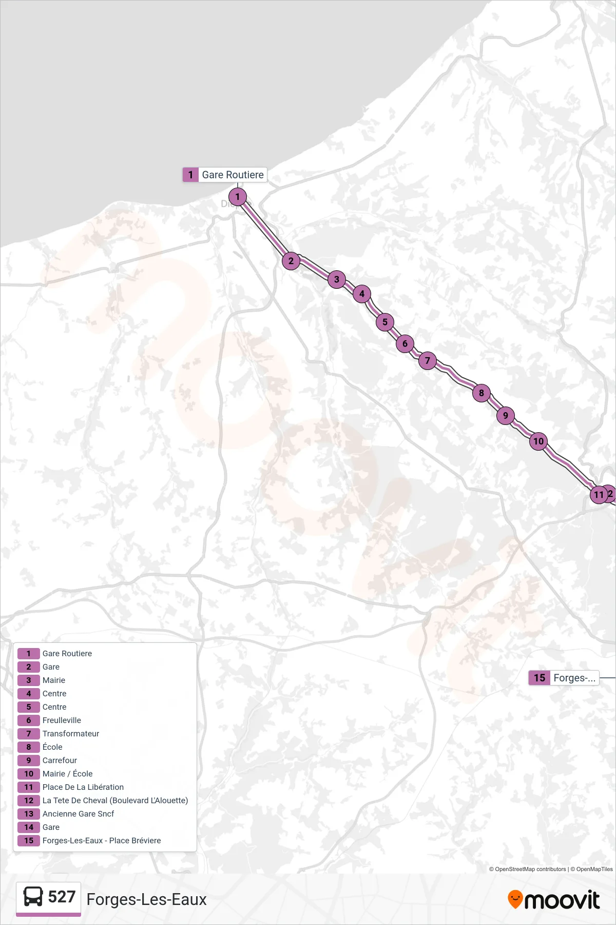 Recorrido y paradas de la línea 527 de autobús (Forges-Les-Eaux) en el mapa