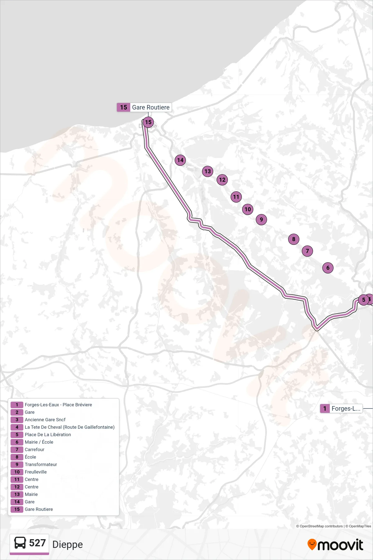 Recorrido y paradas de la línea 527 de autobús (Dieppe) en el mapa