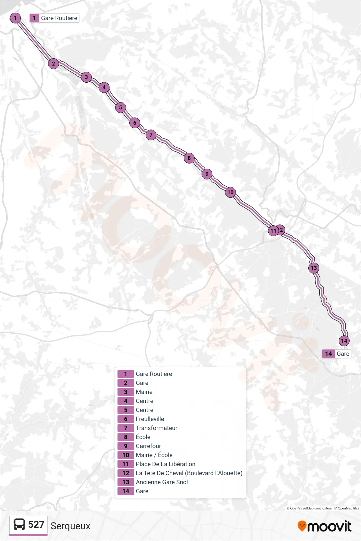 Tracé et arrêts de la ligne 527 de bus (Serqueux) sur une carte