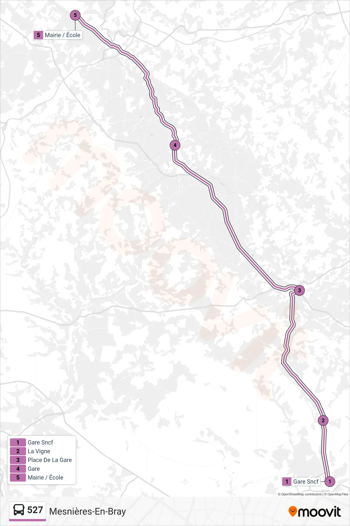Tracé et arrêts de la ligne 527 de bus (Mesnières-En-Bray) sur une carte
