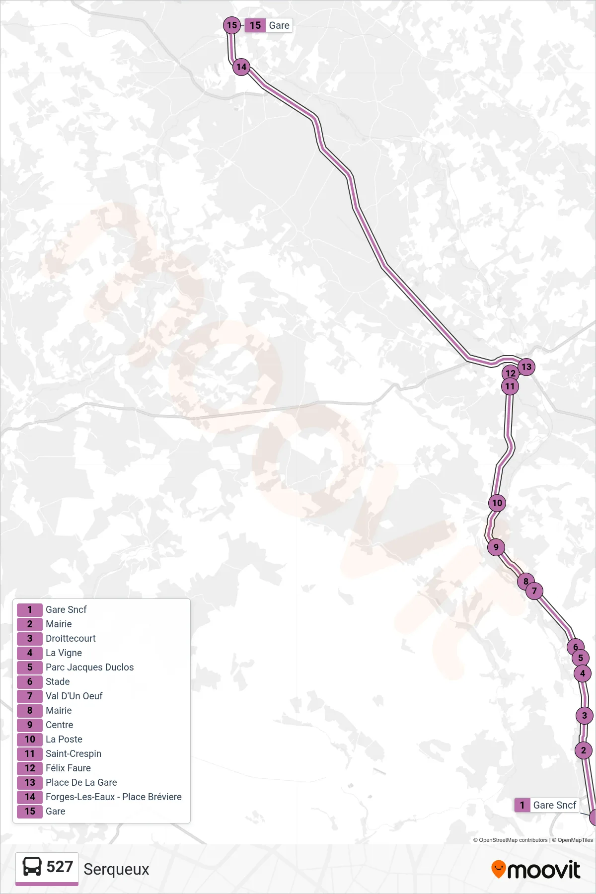 Tracé et arrêts de la ligne 527 de bus (Serqueux) sur une carte