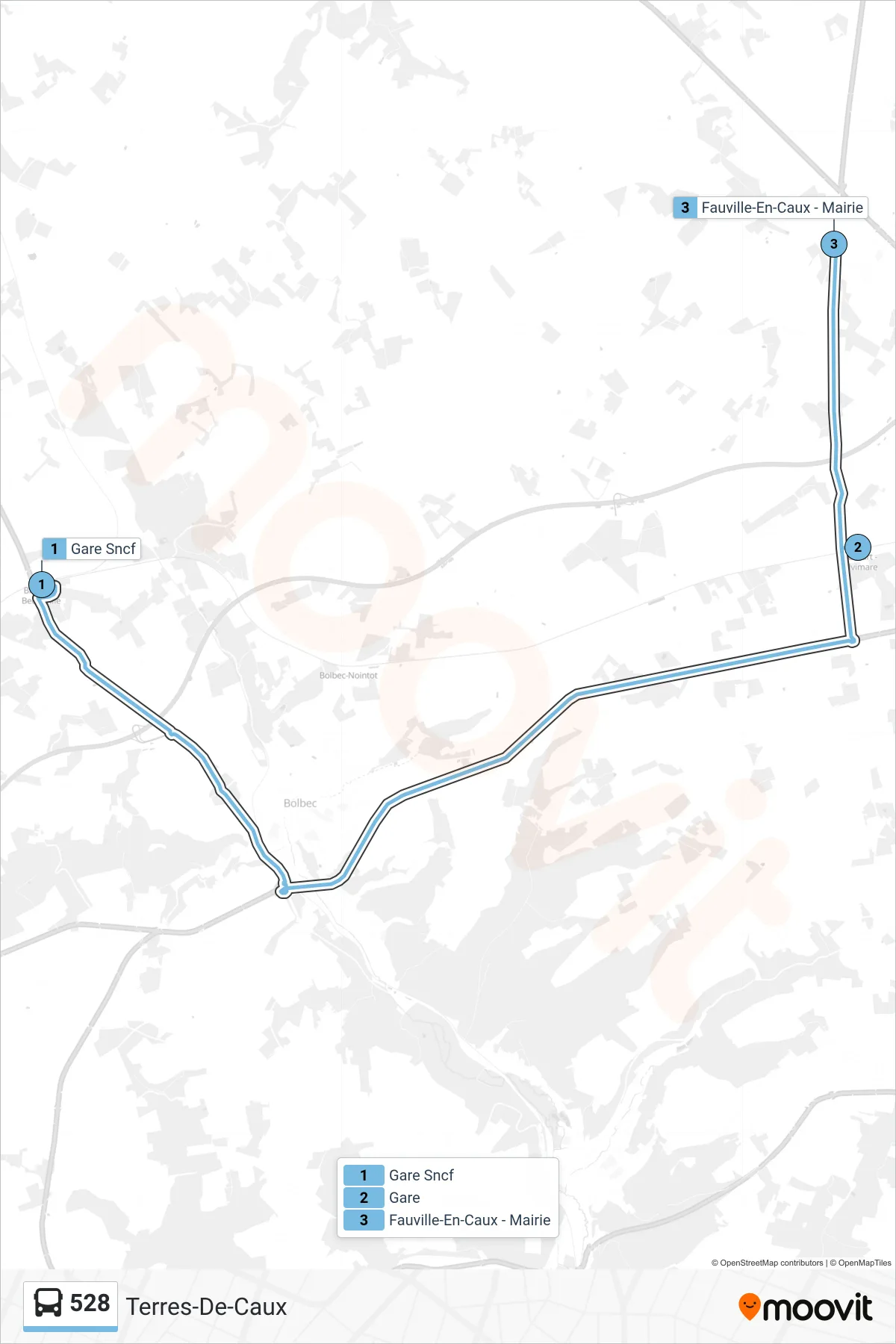 Tracé et arrêts de la ligne 528 de bus (Terres-De-Caux) sur une carte