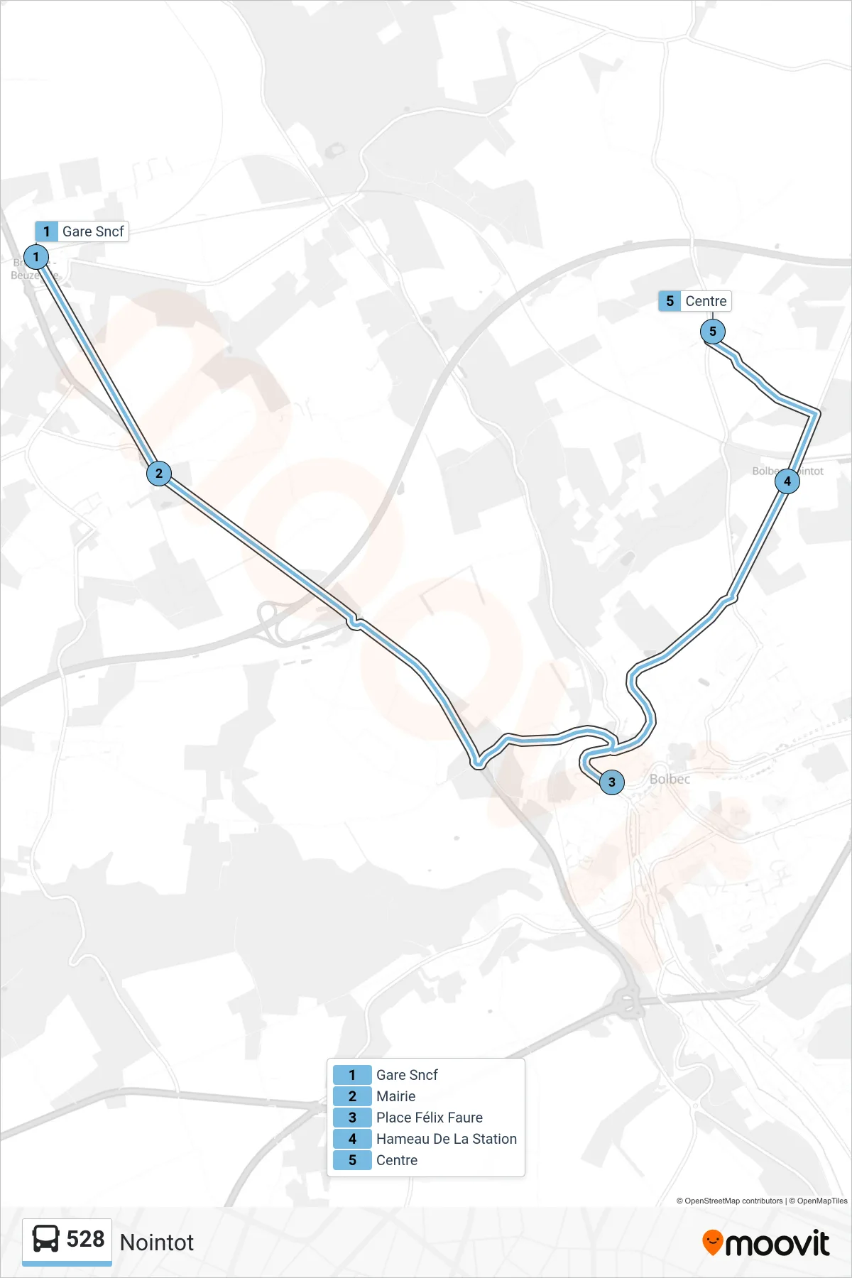 Tracé et arrêts de la ligne 528 de bus (Nointot) sur une carte