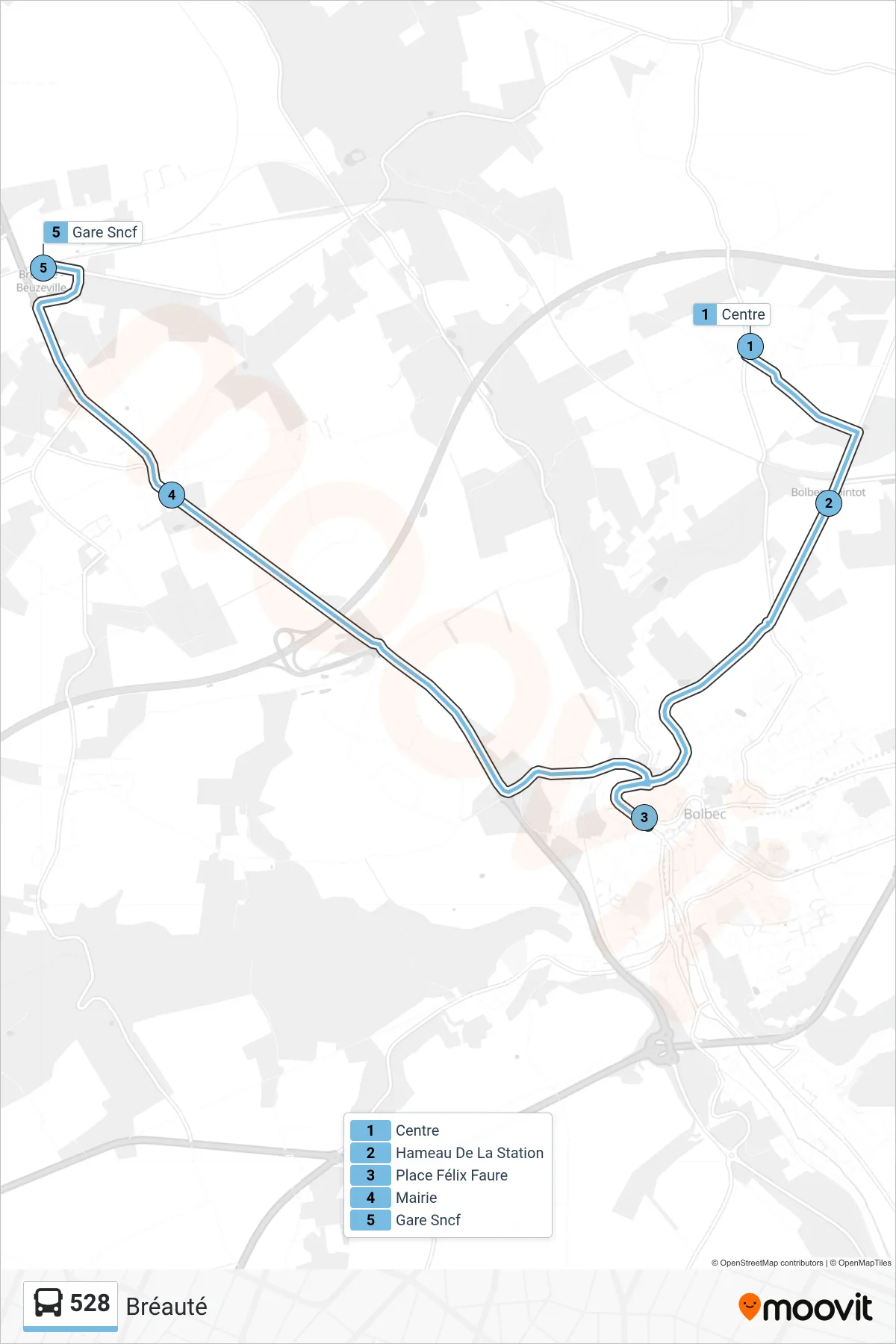 Tracé et arrêts de la ligne 528 de bus (Bréauté) sur une carte
