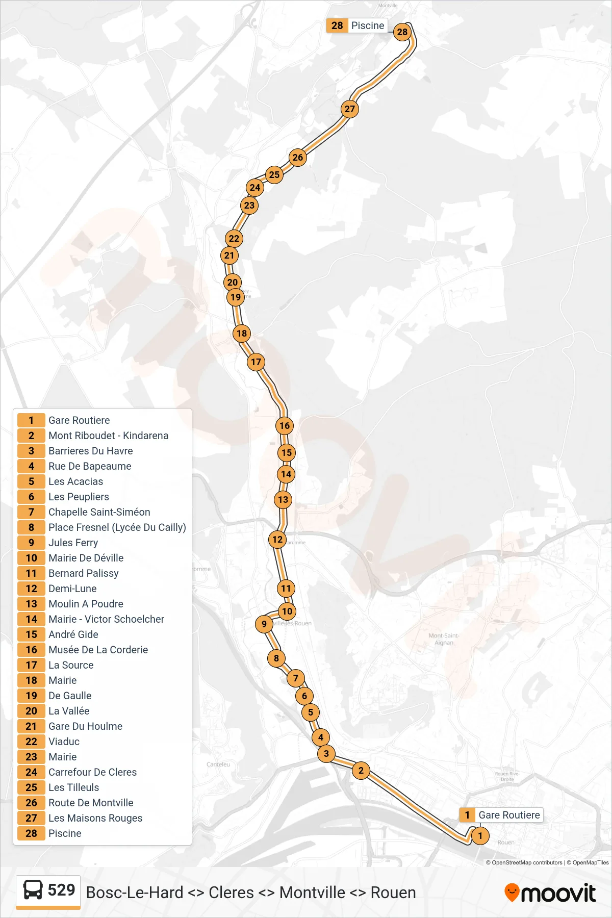 Tracé et arrêts de la ligne 529 de bus (Montville) sur une carte
