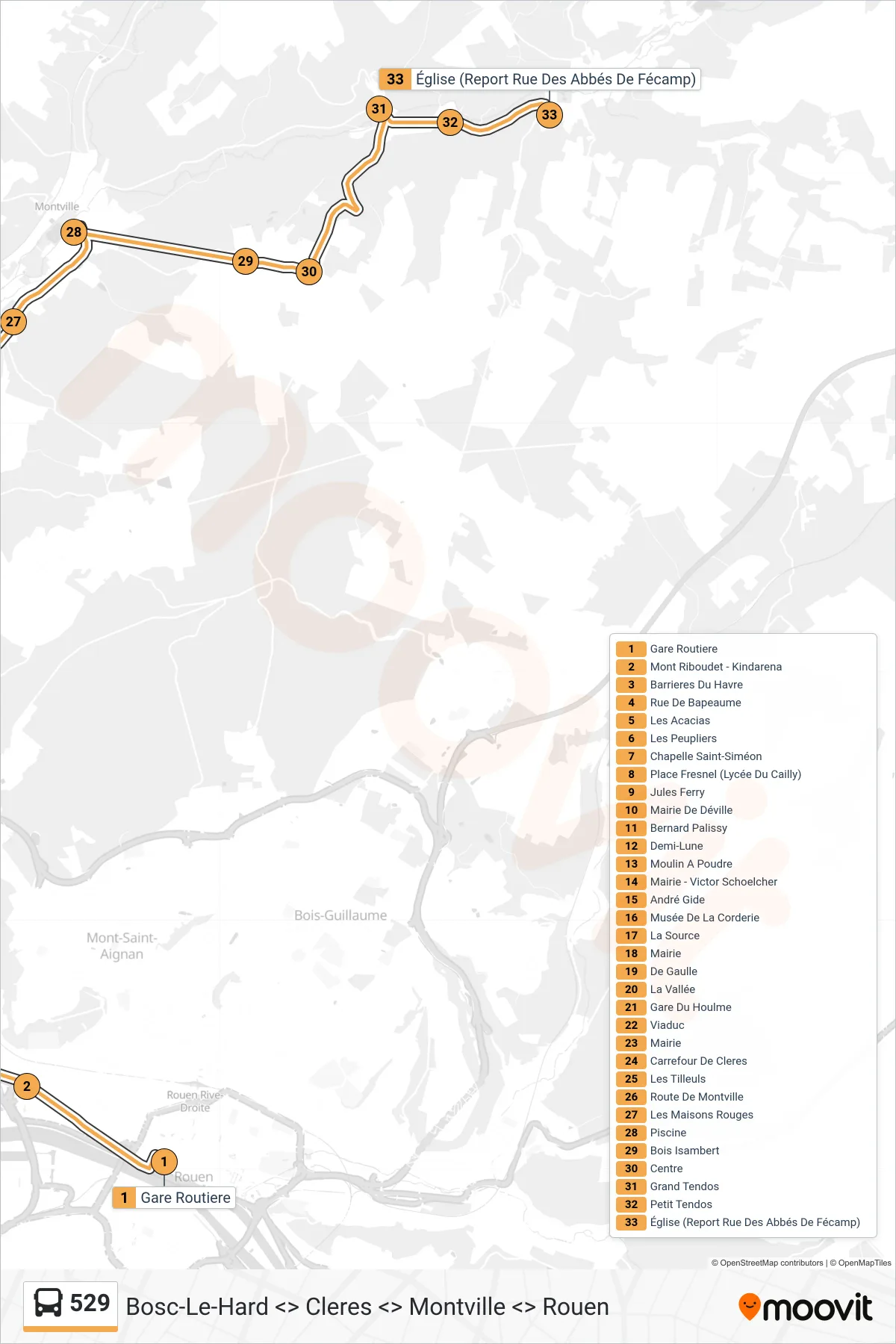 Tracé et arrêts de la ligne 529 de bus (Fontaine-Le-Bourg) sur une carte