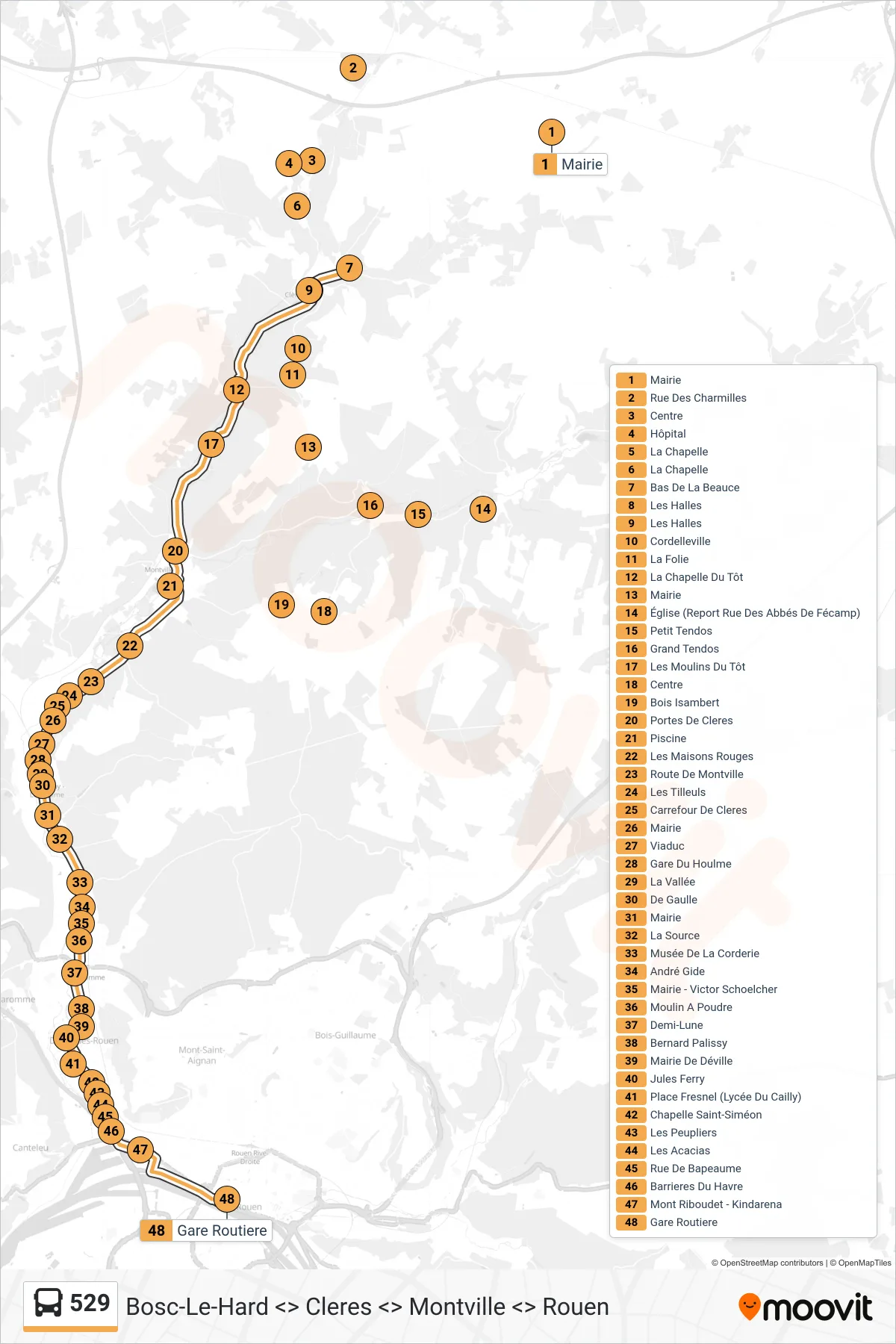 529 bus Line (Rouen) route and stops on a map